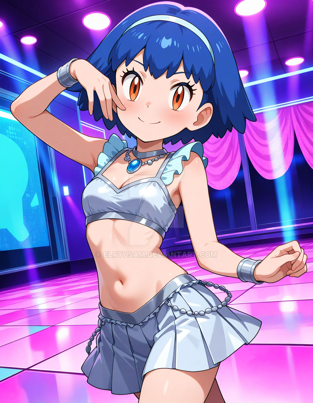 2025 4kids_entertainment ai_generated anime belly deviantart elryusam grey_bracelet grey_headwear grey_skirt grey_top looking_at_viewer meta miette_(pokemon) nintendo not_porn orange_eyes pink_cheeks pokemon smile_at_viewer smiling_at_viewer stage tummy