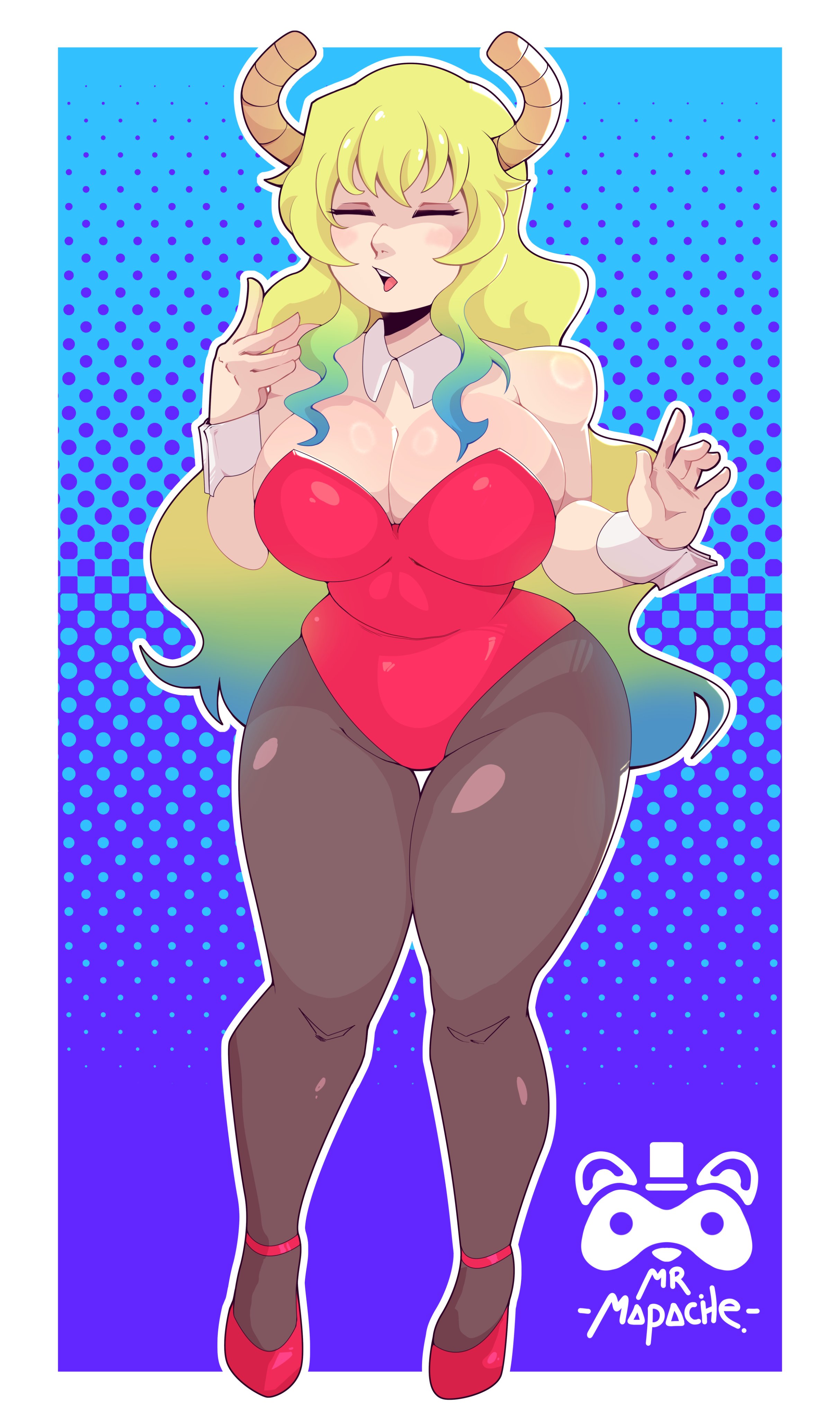 1girls, 2d, big breasts, big thighs, big titties, breasts, bunny girl, bunny girl suit, clothing, curvaceous, curvaceous female, curvaceous figure, curvy, curvy figure, curvy hips, digital media, female, female only, full body, fully clothed, looking at viewer, lucoa, lucoa (maidragon), miss kobayashi's dragon maid, mr mapache, multicolored hair, quetzalcoatl (dragon maid), solo, thick thighs, thigh highs, thighhighs