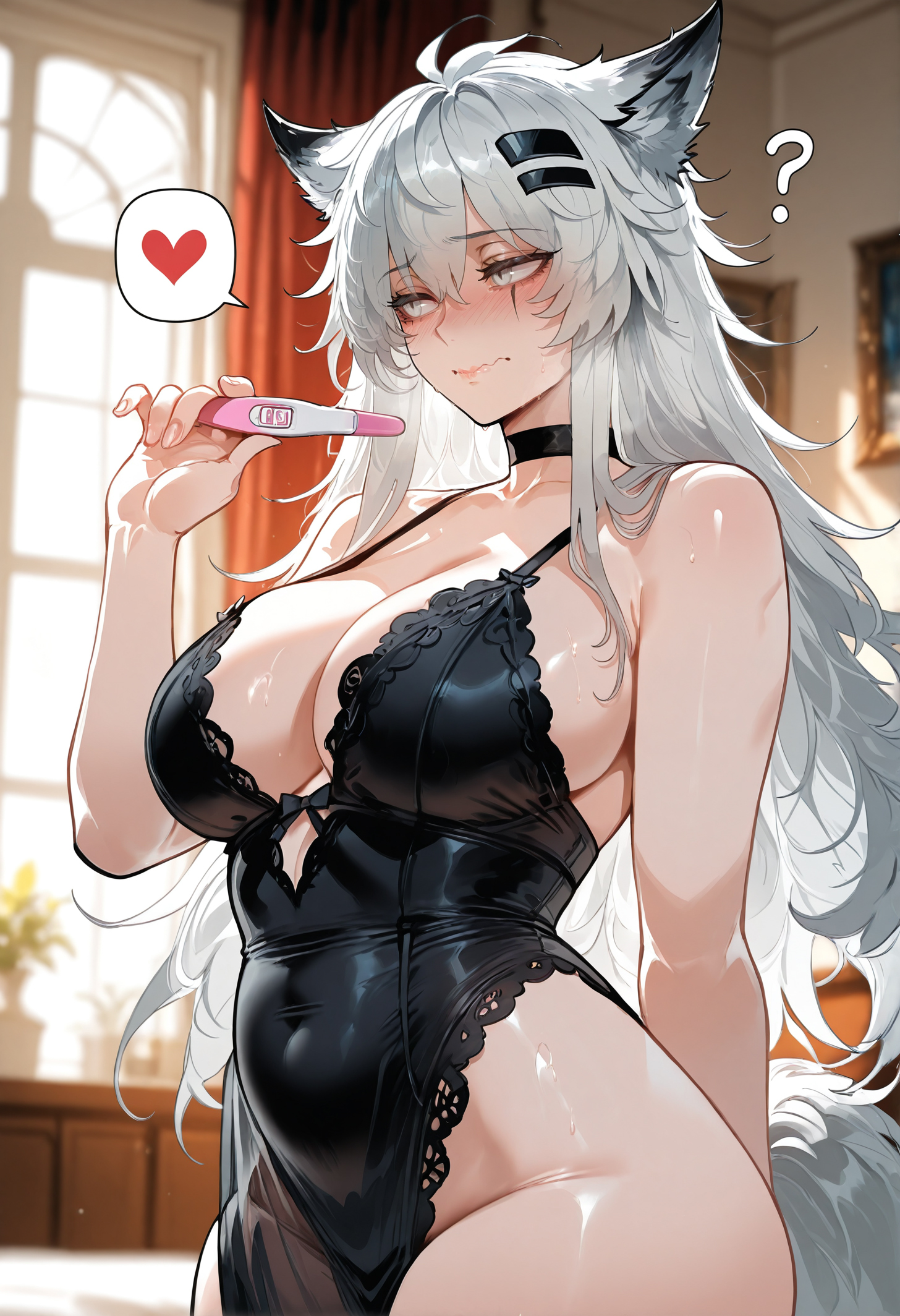 ?, 1girls, ai generated, arknights, bare shoulders, blush, breasts, embarrassed, female, flustered, lappland (arknights), lingerie, long hair, miyuai, pregnancy test, question mark, scar, solo, solo focus, spoken heart, white hair, wolf ears, wolf girl