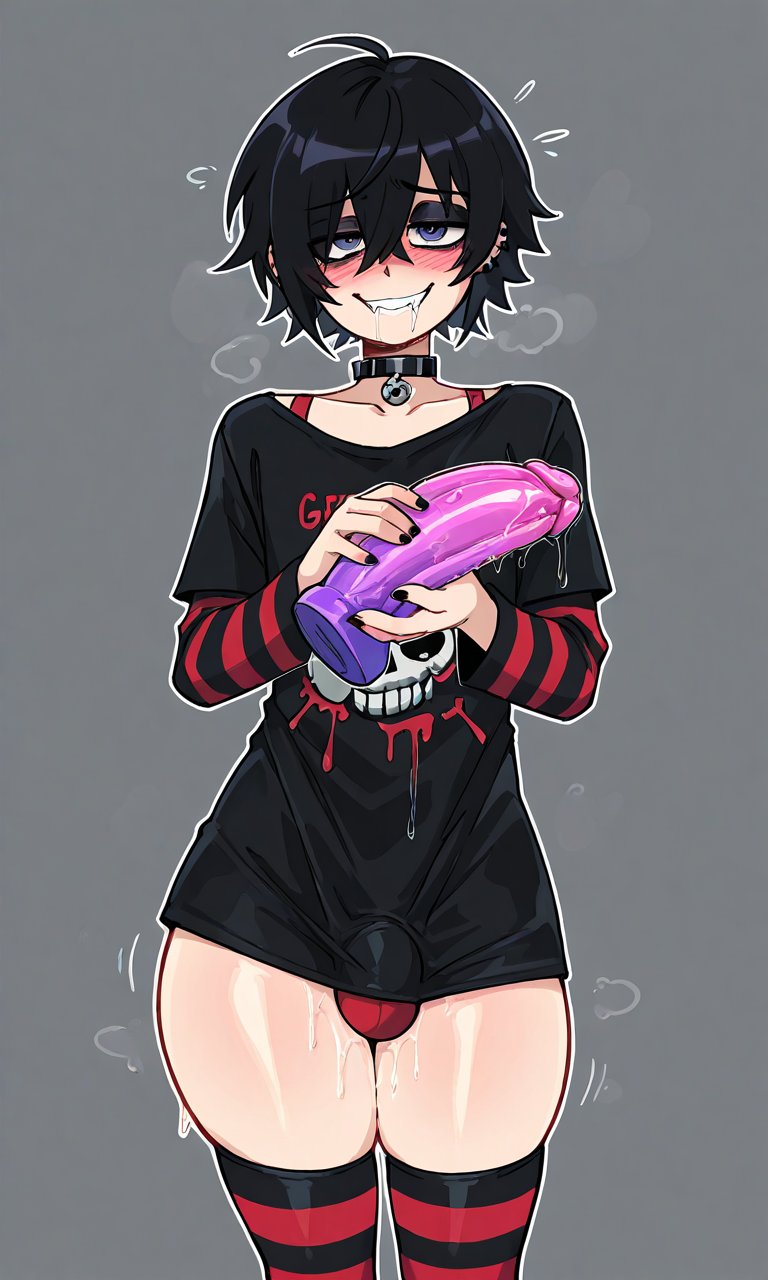 1boy, ai generated, dark hair, dildo, embarrassed, emo, femboy, flirting, flirty, front view, male, thick thighs, thighs
