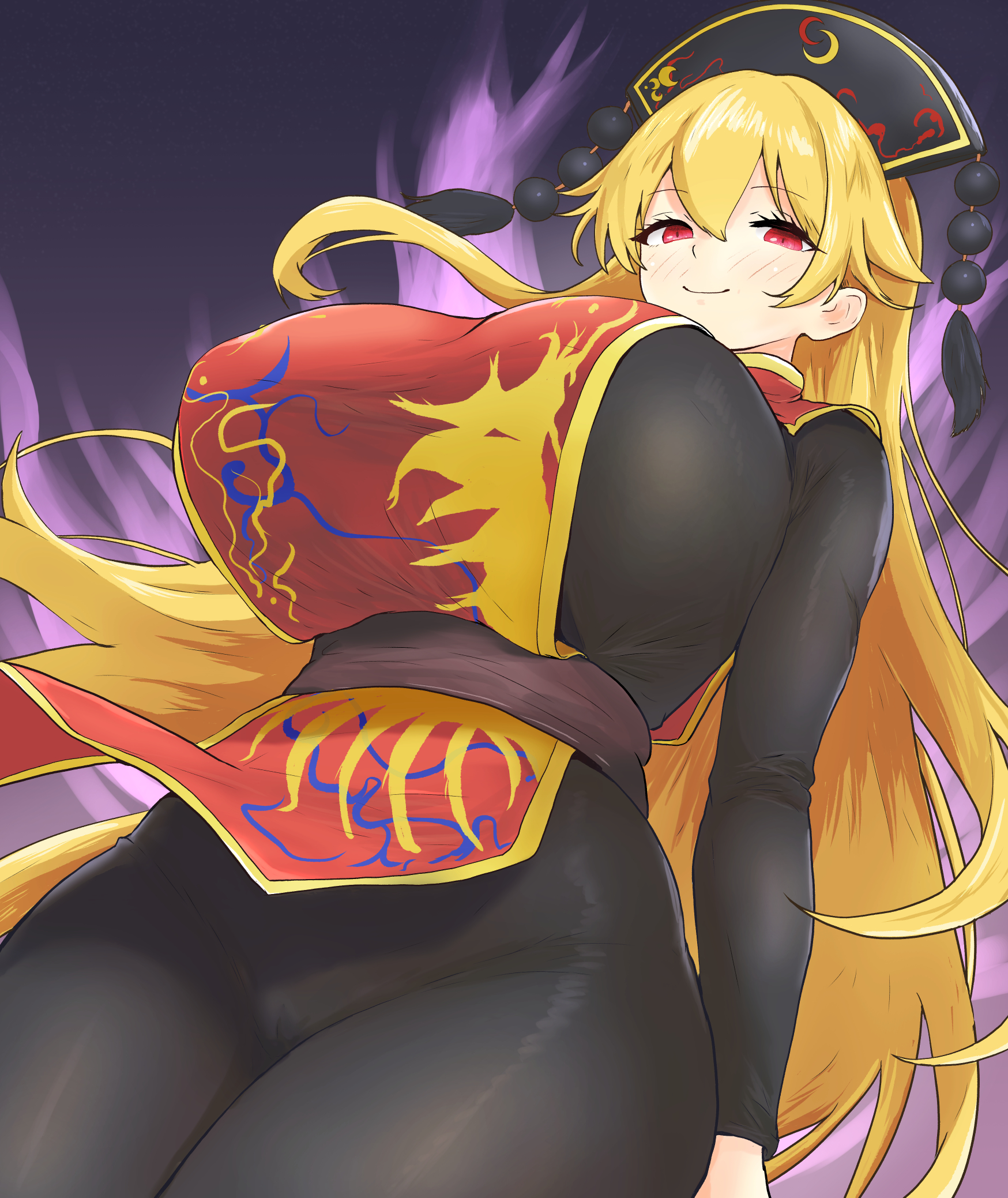 1girls, big breasts, blonde hair, breasts, camel toe, cameltoe, clothed female, female, hat, hinben, huge breasts, junko (touhou), light skin, light-skinned female, long hair, low-angle view, milf, nipple bulge, pussy, red eyes, smile, solo, solo female, thick thighs, thighs, touhou