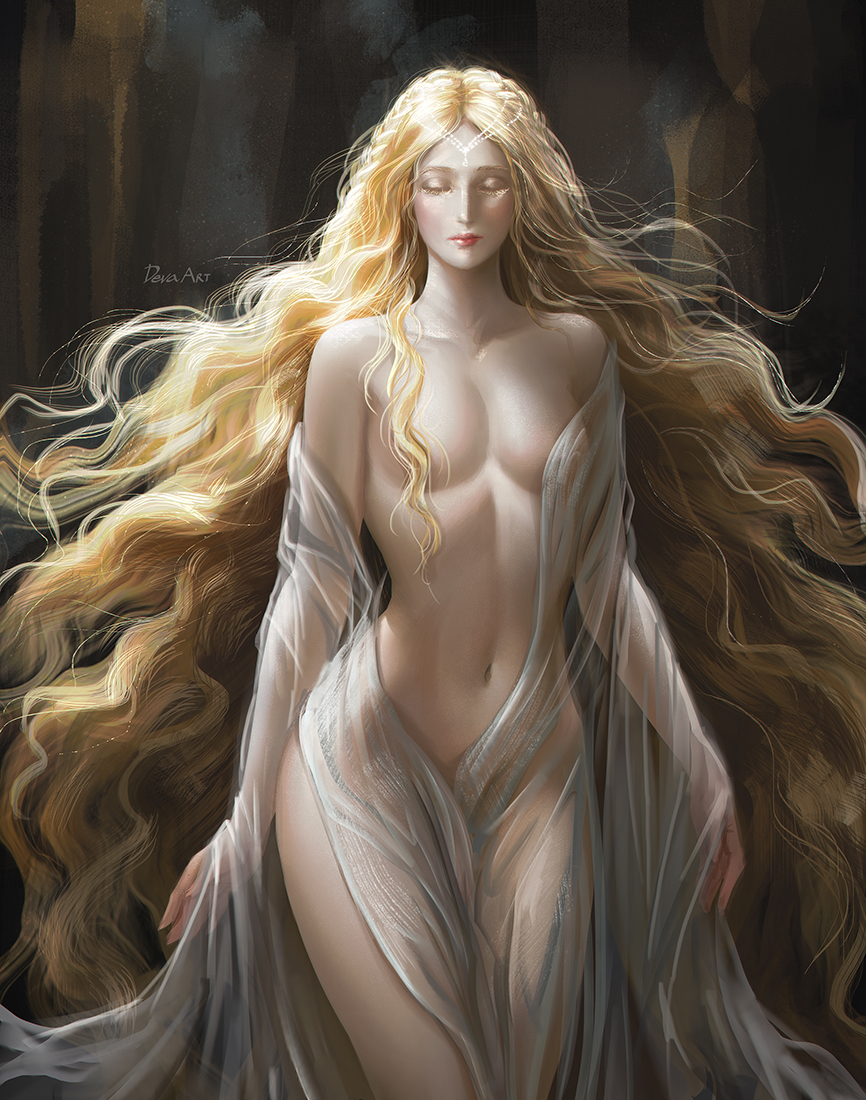 androgynous, artistic nude, blonde hair, blonde-haired male, bottom heavy, covered navel, covered nipples, curvaceous, curvaceous figure, curves, curvy, curvy body, curvy figure, curvy hips, curvy thighs, develvdeva, digital painting (artwork), elden ring, femboy, feminine male, fromsoftware, light skin, light-skinned male, long hair, male, male focus, male only, miquella, no visible genitalia, nonsexual, nonsexual nudity, pale skin, pale-skinned male, pinup, serene, shadow of the erdtree, solo, solo male, tasteful, tasteful nudity, toned legs, wide hips