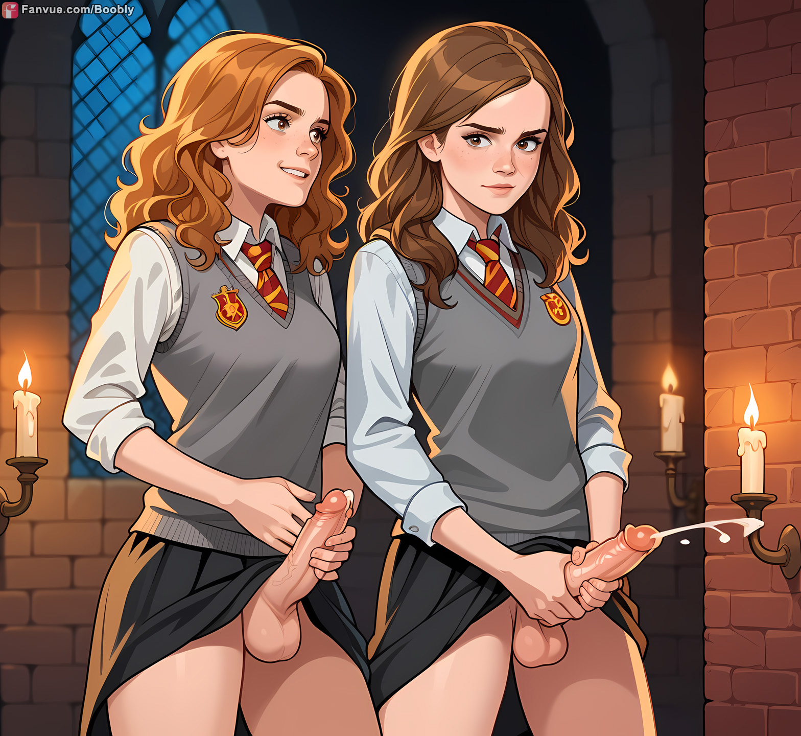 2futas, ai generated, boobly, breasts, brown hair, candle, cum, cumshot, female, futa with futa, futanari, harry potter, hermione granger, intersex, masturbation, medium breasts, school uniform, schoolgirl, standing