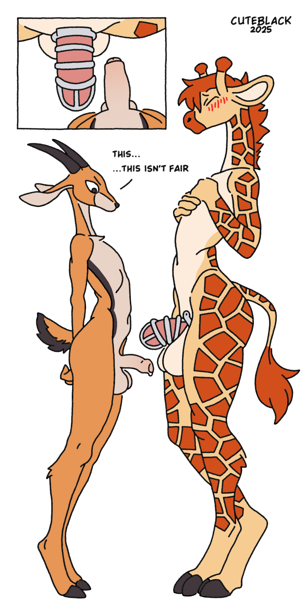 antelope anthro anthro_on_anthro ball_size_difference balls big_balls big_penis big_penis_in_chastity bird's-eye_view blush bodily_fluids bovid breasts chastity_cage chastity_cage_only chastity_device chastity_device_only closed_eyes comparing comparing_penis compliment cuteblack dialogue duo erection femboy foreskin gazelle genital_exploration genital_fluids genitals giraffe giraffid hand_on_breast hands_behind_back hi_res high-angle_view humanoid_genitalia humanoid_penis hung_bottom hung_femboy hung_trap looking_at_another looking_at_genitalia looking_at_penis looking_down male male/male mammal metal_chastity_cage nude partially_retracted_foreskin penis penis_size_comparison penis_size_difference precum presenting presenting_penis show_me_yours side_view small_balls small_penis submissive submissive_male tall thomson's_gazelle true_antelope wearing_chastity_cage wearing_chastity_device