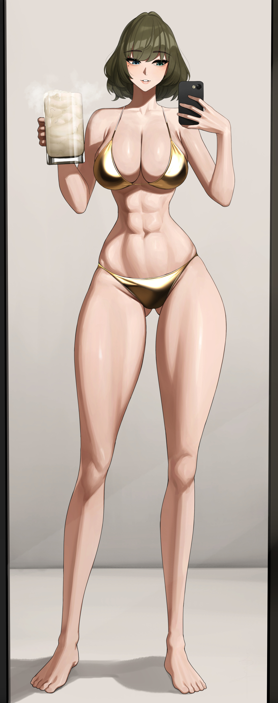 abs ass_visible_through_thighs bare_shoulders barefoot beer_mug bikini blue_eyes blush breasts cleavage collarbone cum cum_in_container cum_in_cup cup female full_body gold_bikini green_eyes grey_hair heterochromia highres holding holding_phone idolmaster idolmaster_cinderella_girls large_breasts mirror_selfie mole mole_under_eye mug navel open_mouth phone senju_(snz0) short_hair solo swimsuit takagaki_kaede thighs