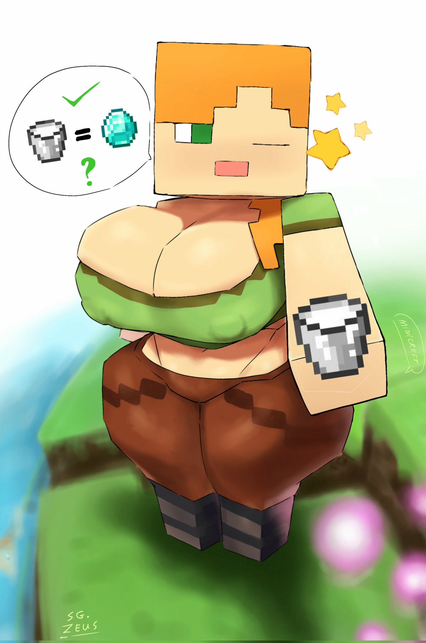 ?, 1girls, alex (minecraft), alternate breast size, breasts, brown pants, cleavage, covered nipples, crop top, diamond, female, female focus, full body, green eyes, green shirt, grey boots, holding, holding bucket, huge breasts, large breasts, looking at viewer, midriff, milk bucket, minecraft, one eye closed, orange hair, pants, pov, rusbe rusbe, shirt, solo, solo focus, square head, standing, wide hips, wink