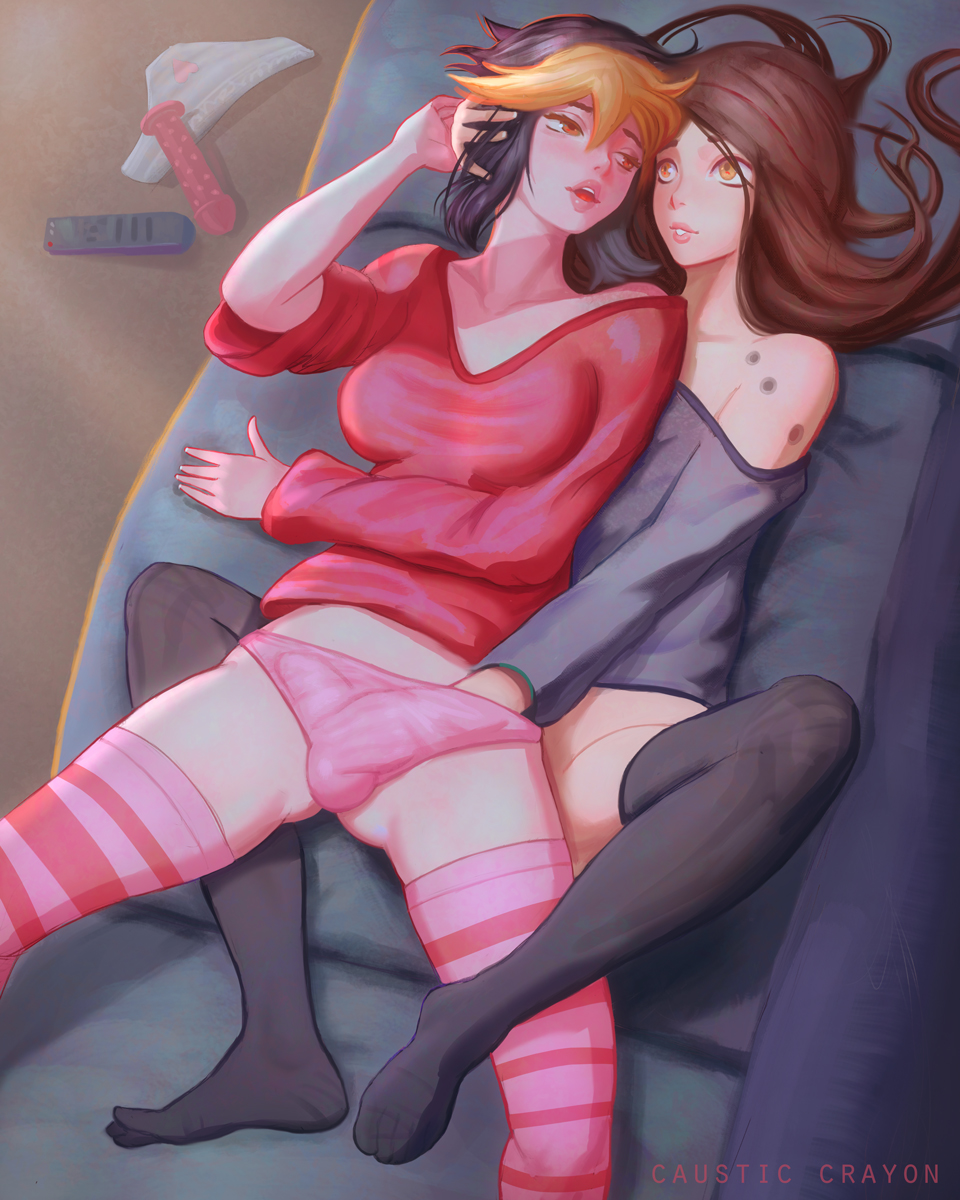 1boy, 1futa, balls, balls fondling, brandi (masterchefguy), brown hair, causticcrayon, femboy, futa with male, futanari, intersex, kate (masterchefguy), male, multicolored hair, original, penis, penis in panties, reach around, trap