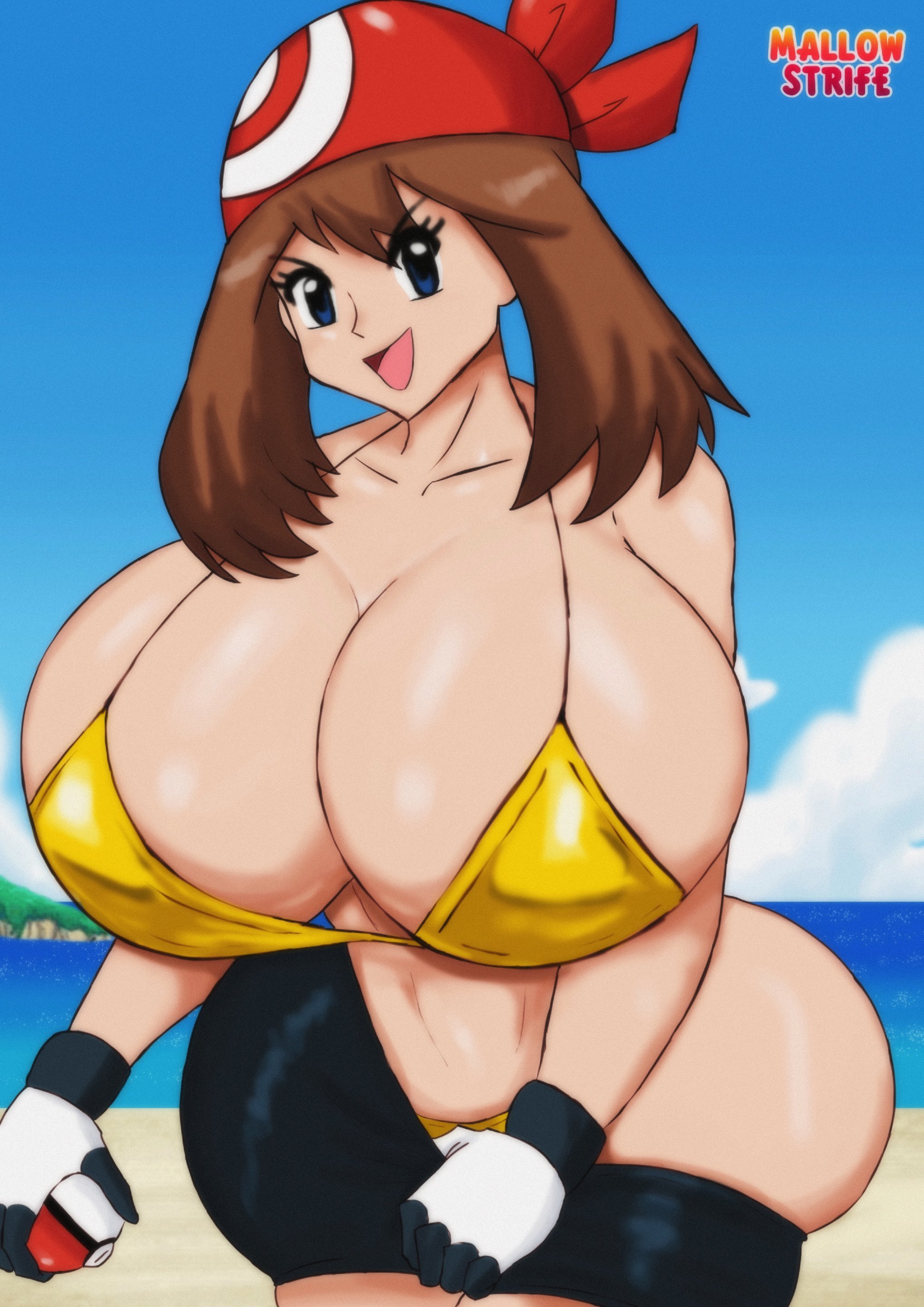 1girls, bikini, breasts, female, gold bikini, huge breasts, mallow strife, may (pokemon), pokemon, tagme