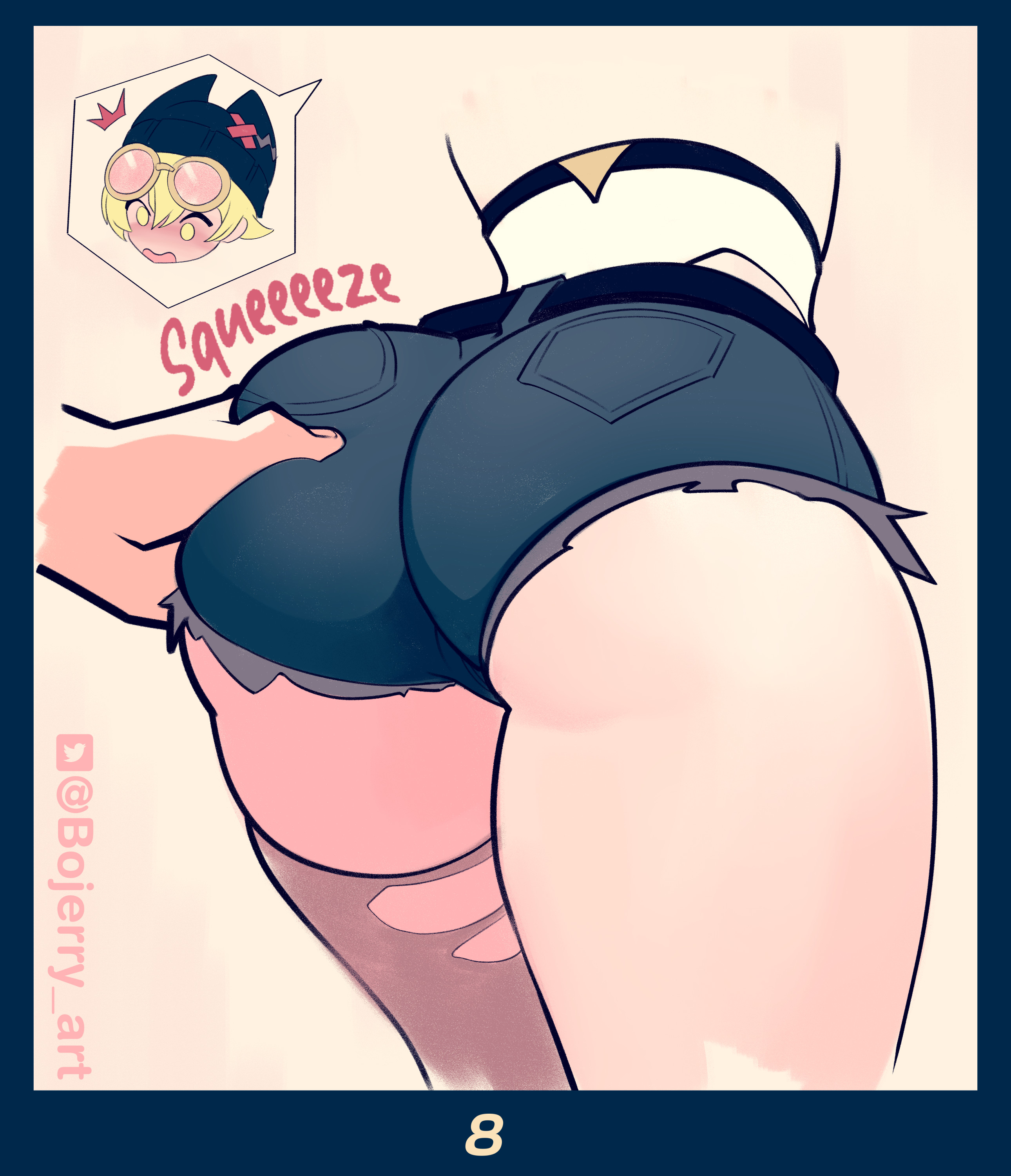 1girls, ass, ass grab, blush, bojerryart, booty shorts, genshin impact, hoyoverse, jahoda (genshin impact), mihoyo, thick thighs, thighhighs