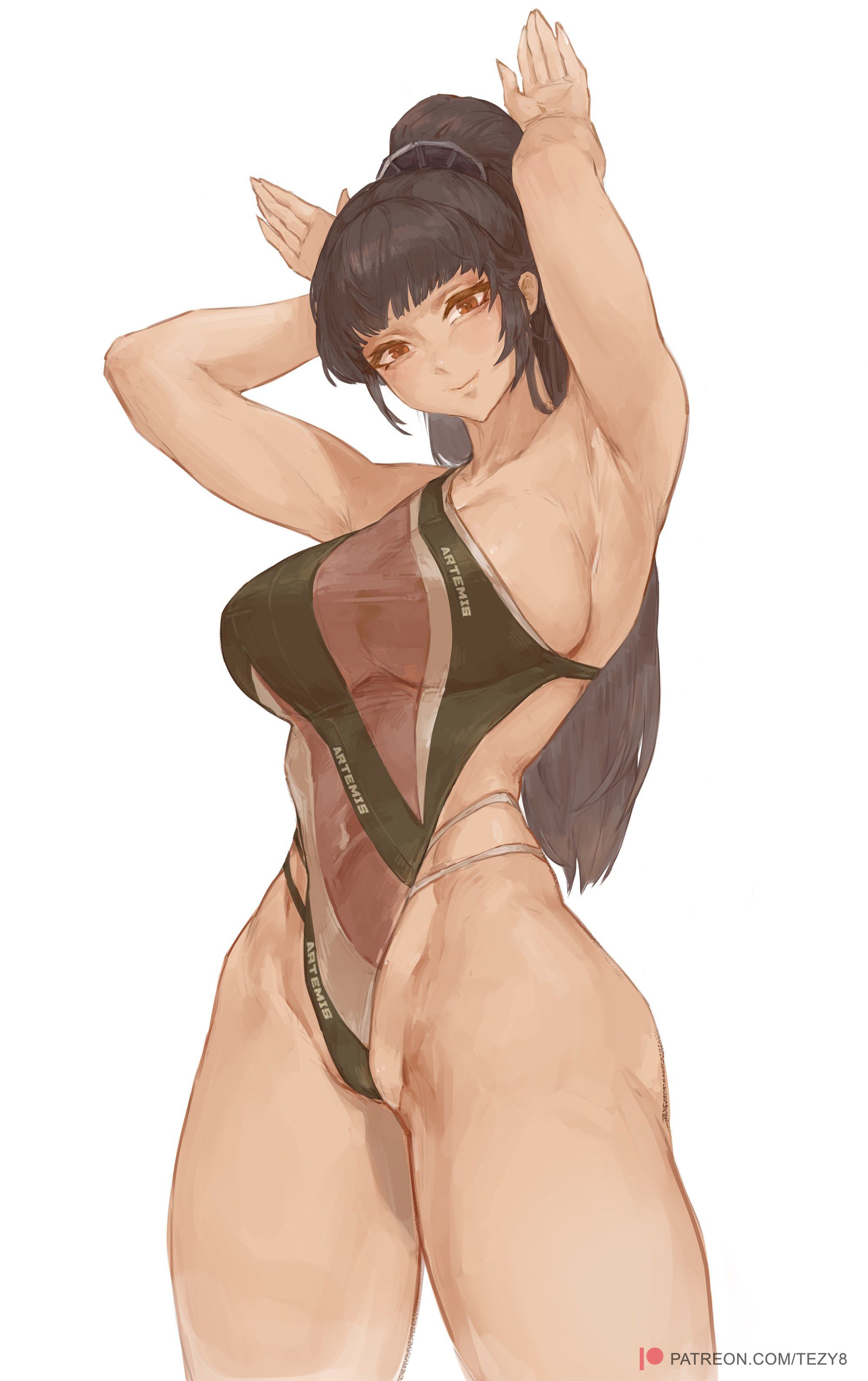 breasts, eve (stellar blade), female, female only, human, one-piece swimsuit, sideboob, stellar blade, swimsuit, tezy8art