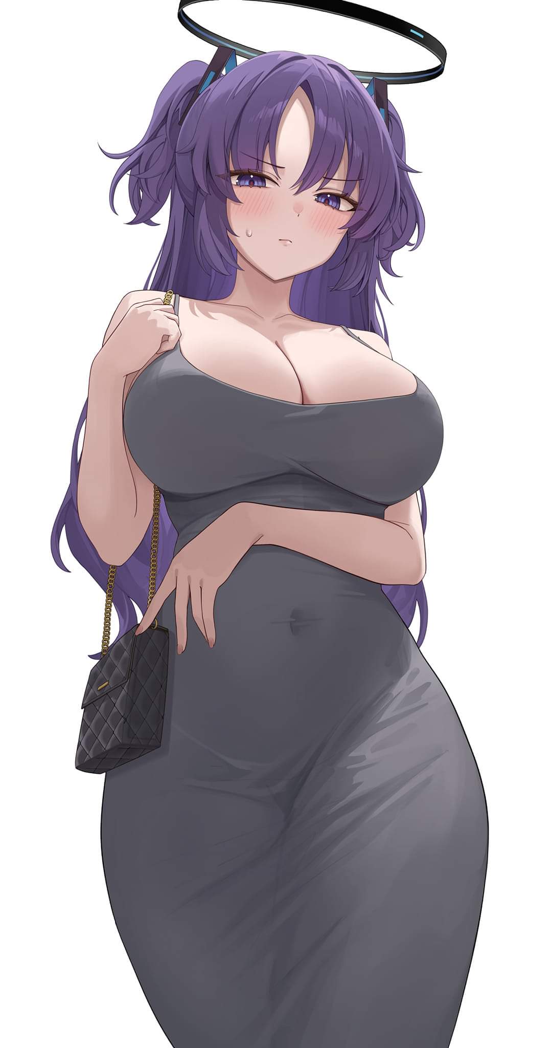 1girls, artist request, big breasts, blue archive, breasts, dongtan dress, female, female only, halo, purse, yuuka (blue archive)