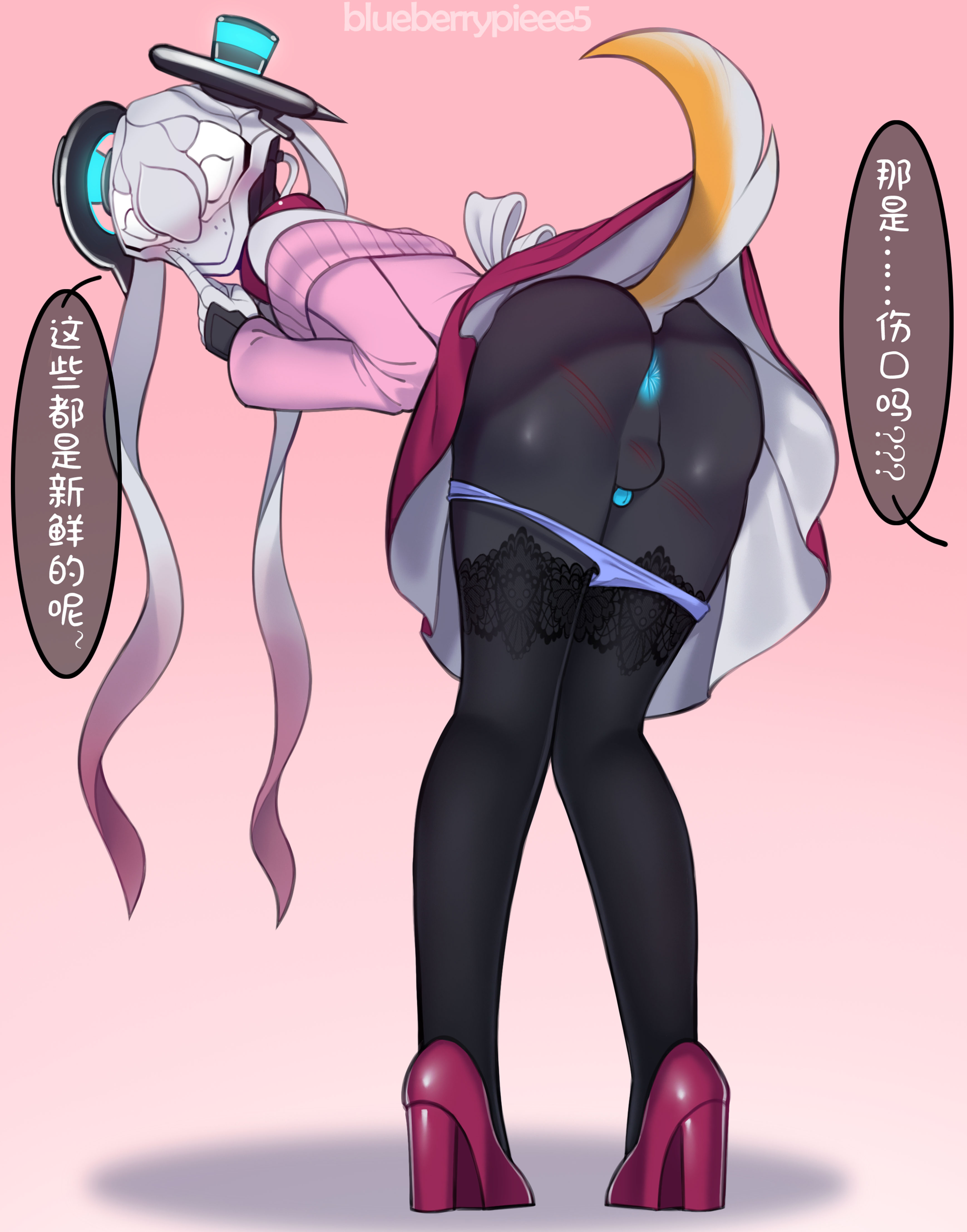 1boy, 2d, anus, artist name, ass, backsack, balls, ballsack, bending over, blueberrypieee5, blushing, femboy, femboy only, high heels, japanese text, male, male only, nezha (warframe), panties, panties down, presenting anus, presenting ass, presenting hindquarters, rear view, solo, speech bubble, stockings, tagme, translation request, warframe