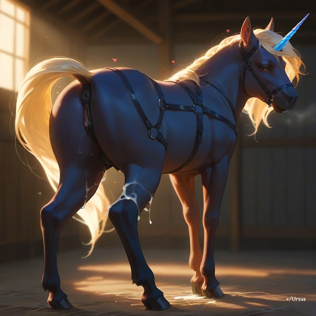 after_sex ai_generated anus artas9972 barn blonde_hair crotchboobs cum cum_on_leg equine equine_genitalia equine_pussy unicorn