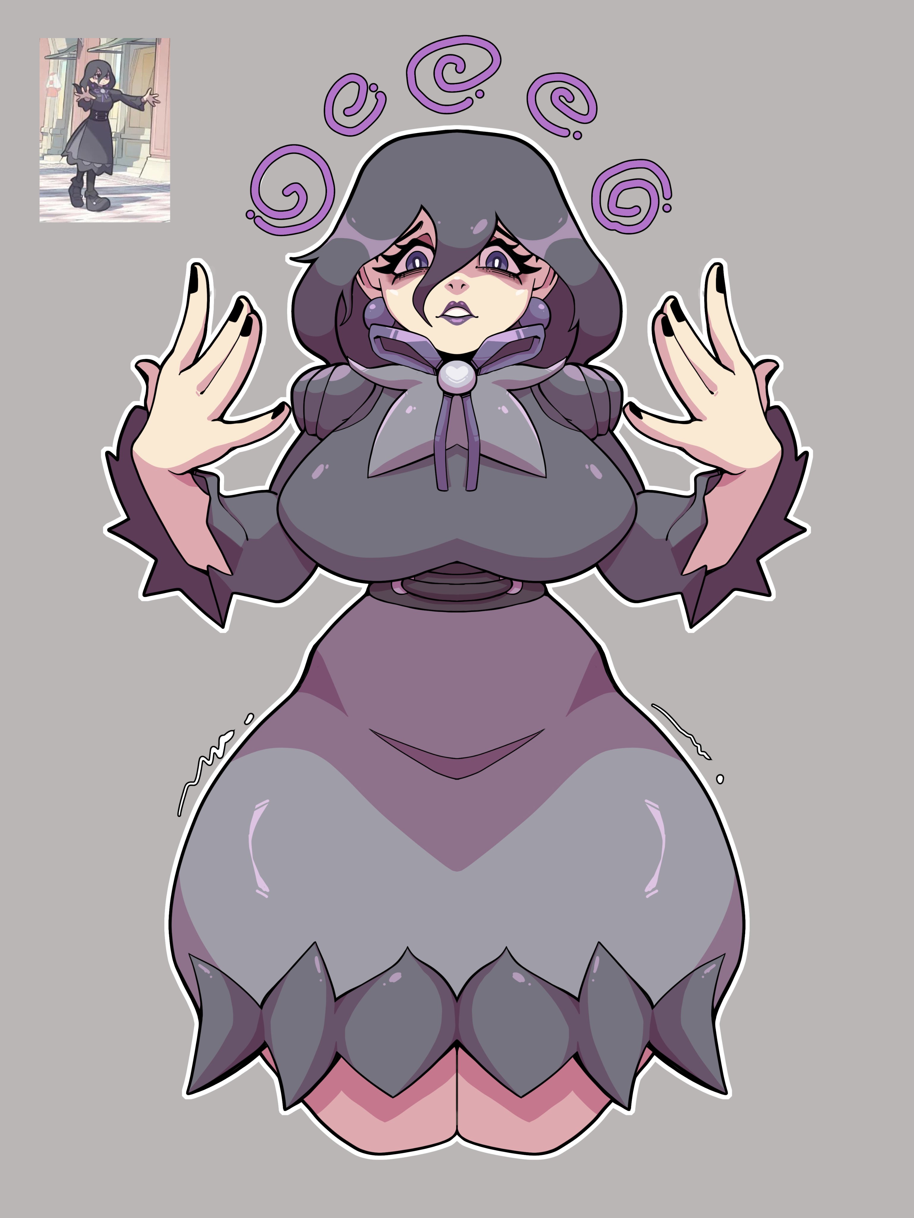 big breasts, big thighs, big titties, black hair, breasts, clothing, curvaceous, curvaceous female, curvaceous figure, curvy, curvy figure, curvy hips, female, female focus, female only, game freak, goth, goth girl, hex maniac, hex maniac (pokemon legends: z-a), long hair, looking at viewer, mr mapache, nintendo, pokemon, pokemon legends: z-a, purple eyes
