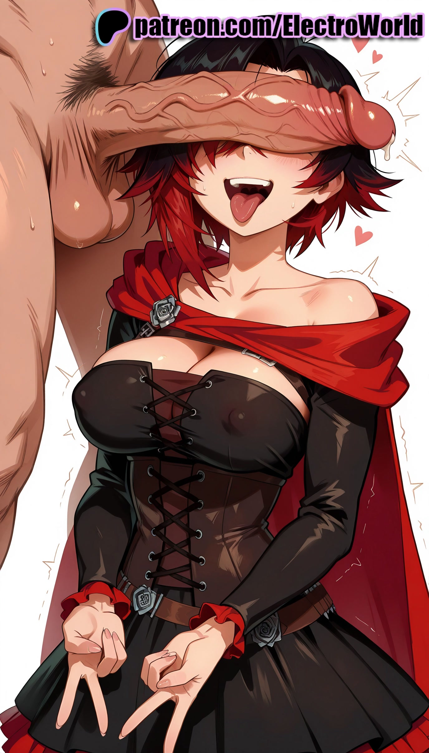 1boy, 1girls, 2025, ai generated, artist name, balls, belt, breasts, bust, cape, chest, clothed female nude male, cock, corset, covered nipples, dick, double v, electroworld, erection, female, head out of frame, heart, hi res, high quality, high resolution, highres, male, male pubic hair, nude, patreon, patreon username, penis, penis awe, penis on face, precum, pubic hair, red hair, ruby rose, rwby, stable diffusion, straight, testicles, tongue, trembling, twitching penis, uncensored, v, veins, veiny penis, watermark