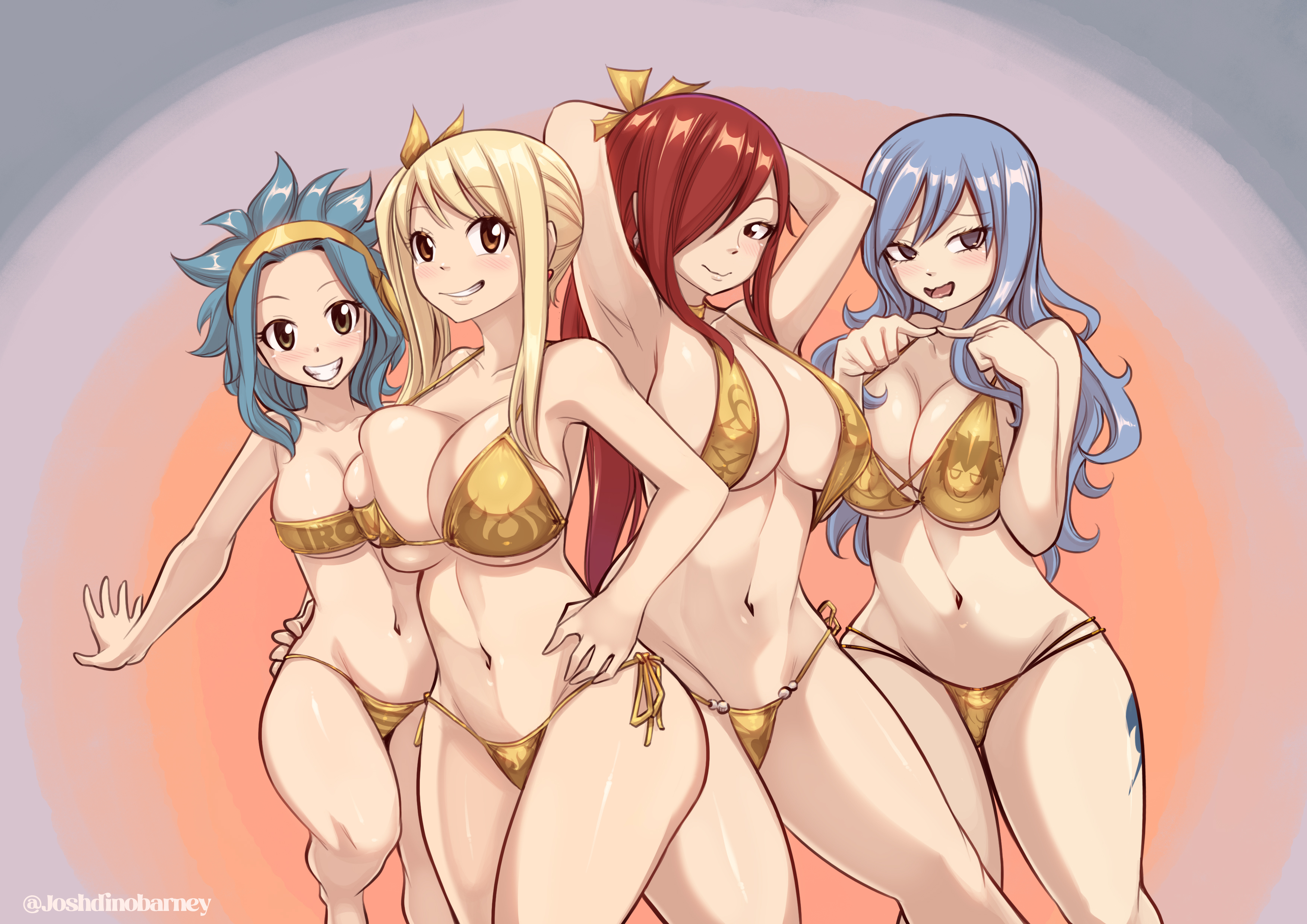 4girls, bikini, bikini bottom, blonde hair, blonde-haired female, blue hair, blue tattoo, blue-haired female, blush, breasts, brown eyes, cleavage, erza scarlet, fairy tail, fairy tail mark, female, female only, fit female, gold bikini, huge breasts, joshdinobarney, juvia lockser, large breasts, leg tattoo, levy mcgarden, lucy heartfilia, multiple females, multiple girls, red hair, red-haired female, tattoo, voluptuous, voluptuous female