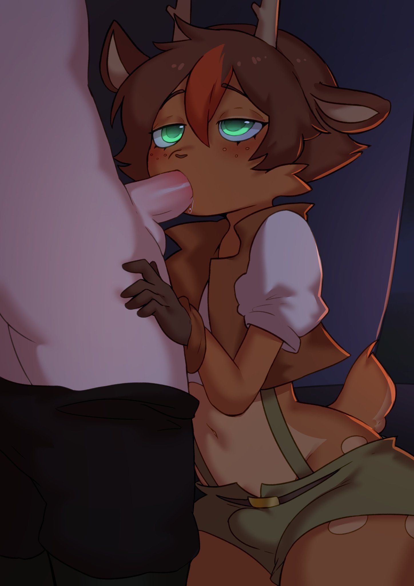 blowjob brown_hair bulge deer deer_ears deer_horns deer_tail erection femboy furry furry_only green_eyes horns looking_up on_knees penis penis_in_mouth saliva tail thick_thighs twibli
