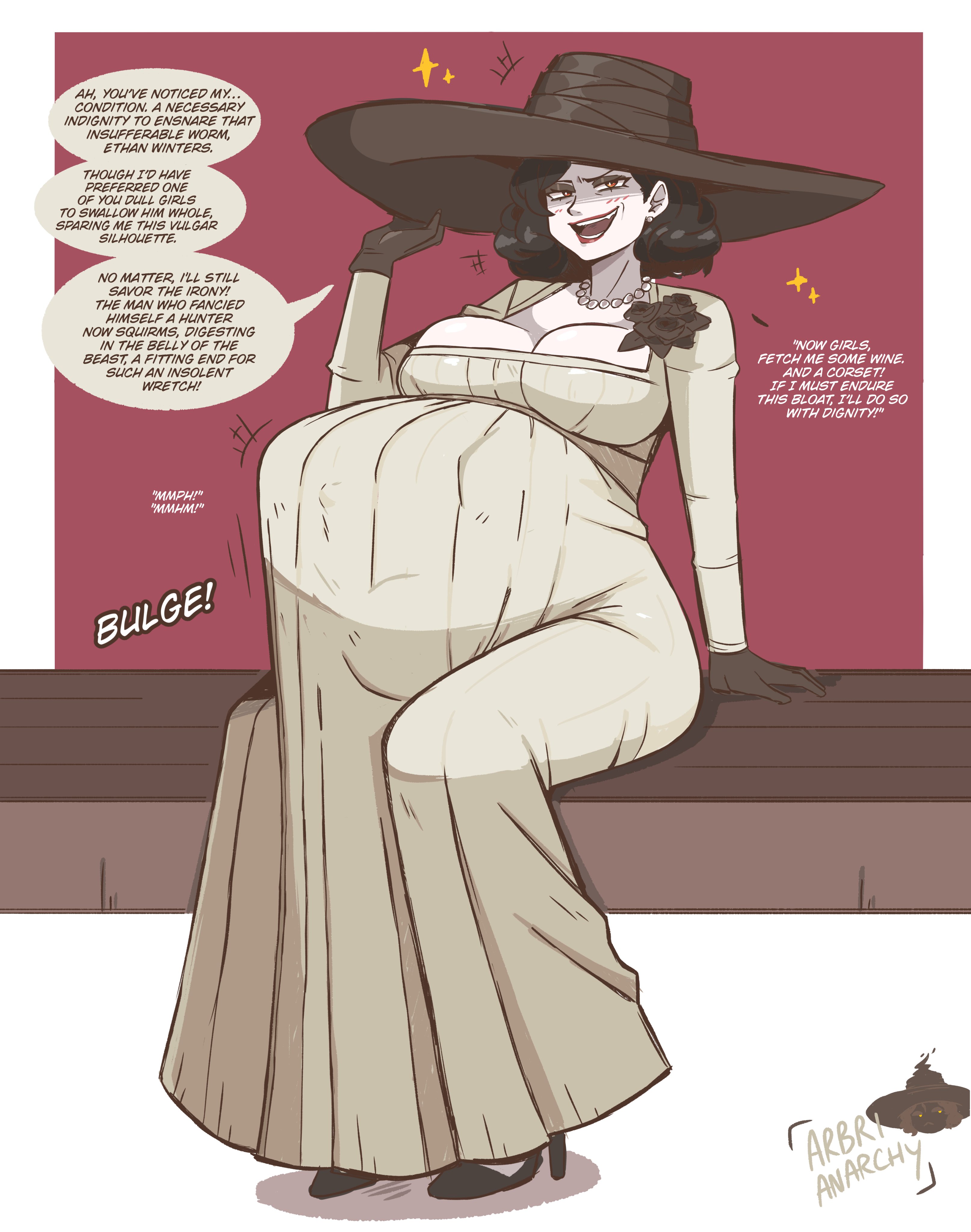 alcina dimitrescu, arbrianarchy, bad end, bad ending, breasts, clothing, dress, english text, female, large breasts, milf, resident evil, resident evil 8: village, sitting, vampire, vampire girl, vampire milf, villainess, villainess on hero, vore, vore belly