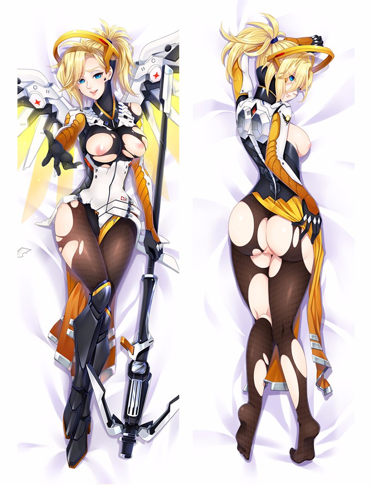 ass, big ass, blizzard entertainment, blonde hair, blue eyes, breasts, dakimakura, exposed ass, exposed breasts, exposed pussy, female, looking at viewer, looking back, mechanical halo, mechanical wings, mercy, overwatch, ponytail, pussy, ripped clothing, solo, staff, tagme, torn clothes, white skin