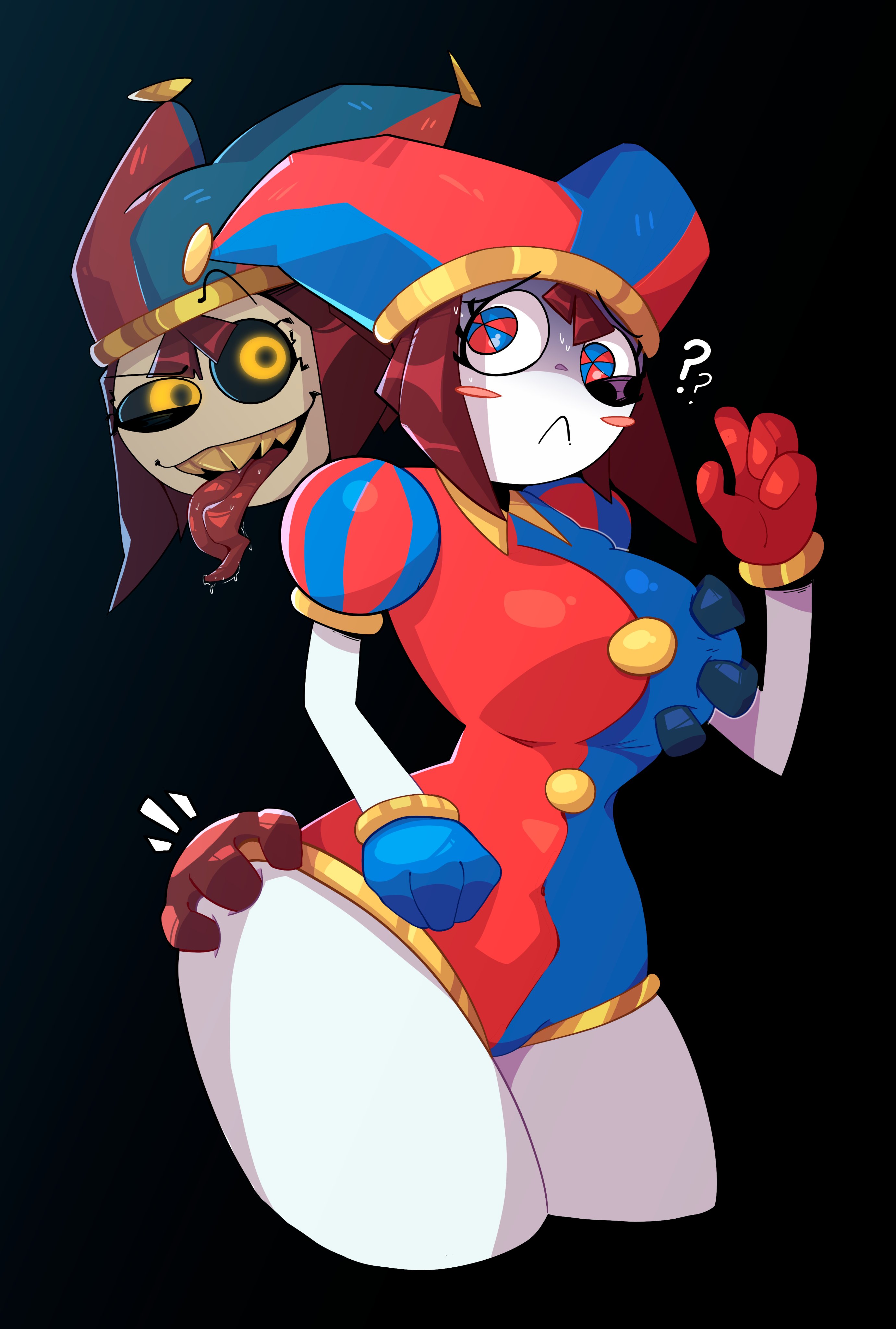 1girls, 2d, ass, big ass, big breasts, big butt, big thighs, big titties, breasts, brown hair, clothing, clown, digital media, female, female only, glitch productions, looking at viewer, mr mapache, pomni (the amazing digital circus), possessed pomni, rubber, short hair, solo, the amazing digital circus