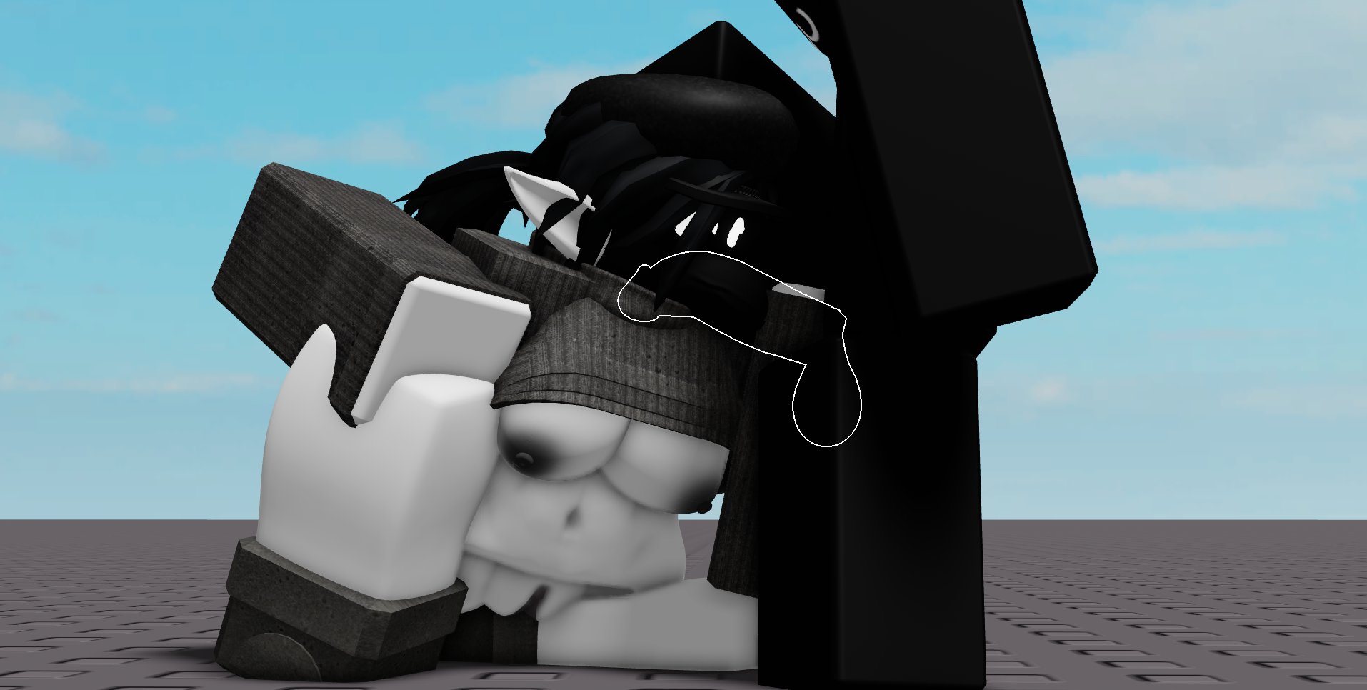 1boy, 1girls, 3d, areolae, balls, baseplate, belly button, big breasts, black areola, black body, black face, black hair, black hat, black nipples, black shoes, black skin, blowjob, bottomless, bottomless female, breasts, breasts out, cock, dark face, deepthroat, dick, fellatio, female, grey sleeves, grey sweater, hand on head, hat, long sleeves, male, male/female, myrealdamage, nipples, on knee, oral, oral sex, penis, pointy ears, ponytail, pussy, roblox, roblox studio, robloxian, shadow face, shadowed face, shoes, silibili, sleeves, stomach, straight, sweater, sweater lift, thighs, vagina, white eyes, white outline, white skin