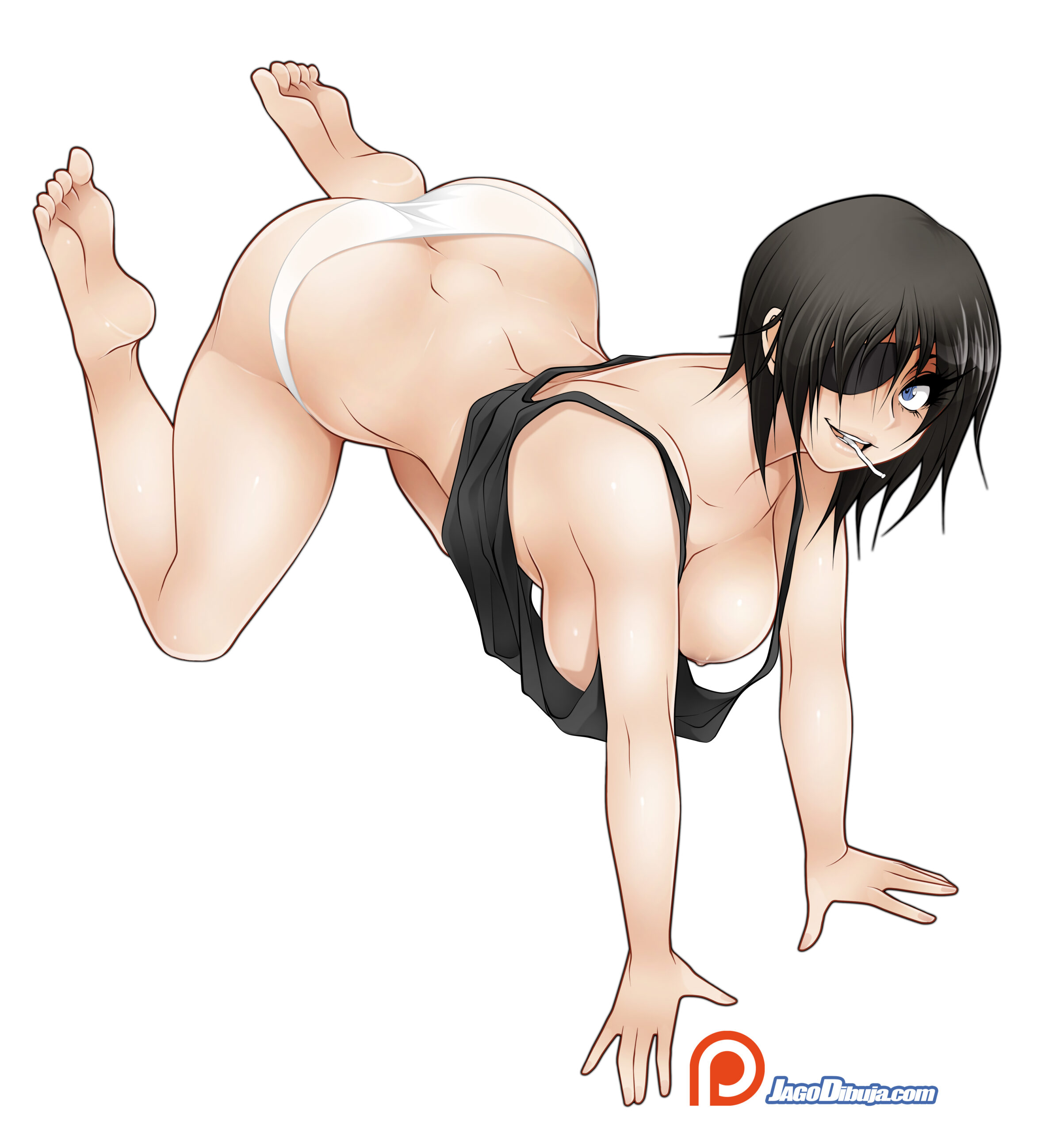 1girls, blue eyes, breasts, chainsaw man, eyepatch, female, female only, hanging breasts, himeno (chainsaw man), jago dibuja, large breasts, on all fours, panties, tank top, underwear
