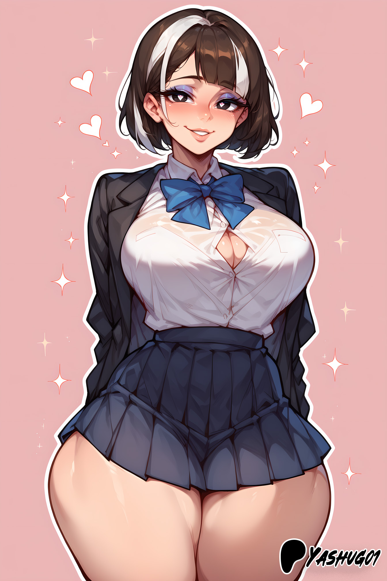 ai generated, bare thighs, big breasts, black eyes, breasts, brunette hair, female, heart-shaped pupils, huge breasts, huge thighs, light skin, light-skinned female, looking at viewer, massive breasts, multicolored hair, original, original character, school uniform, schoolgirl, short hair, smiling, solo female, squatting, sweat, sweatdrop, thick body, thick female, thick thighs, thighs, voluptuous, voluptuous female, yashugai