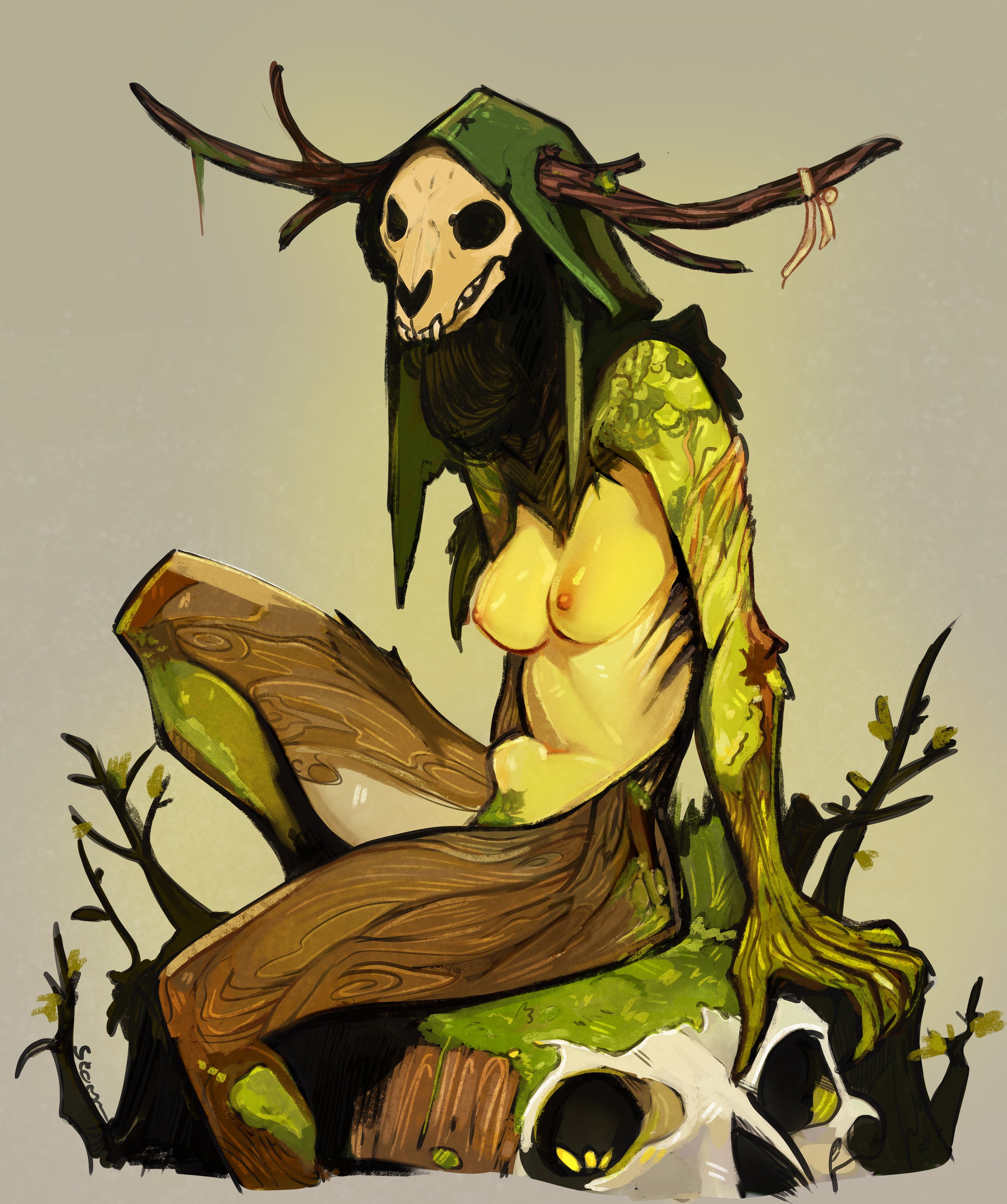 bark skin, breasts, breasts out, cryptid, female, hood, hood only, hood up, horn, horns, leshen (the witcher), monster, monster girl, moss, nipples, orange nipples, ribbon, searyn, skull, skull head, skull mask, tagme, wooden skin, yellow body