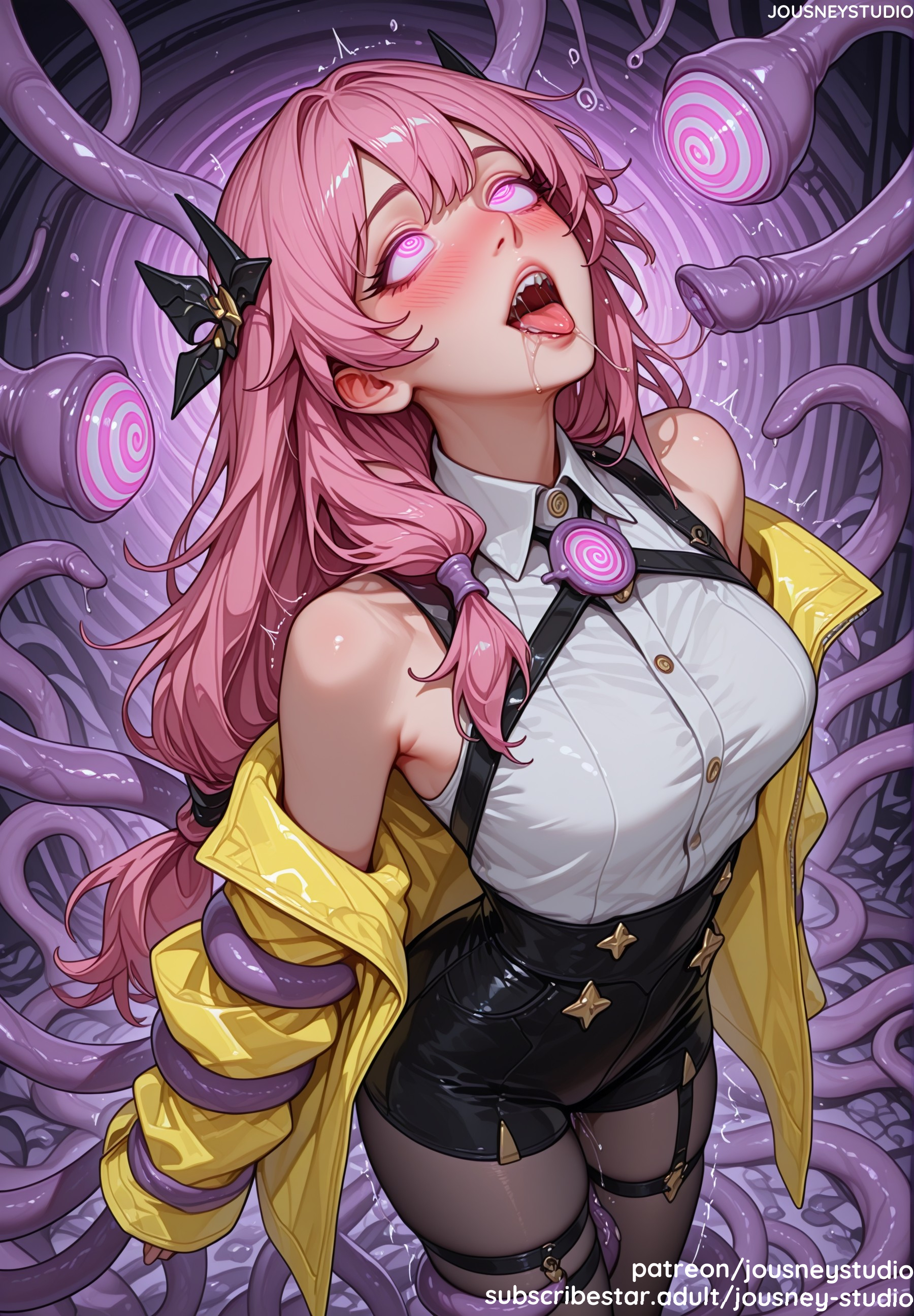 ahe gao, ai generated, armpit crease, bangs, bare shoulders, black clothes, black legwear, black shorts, black skirt, blush, breasts, clothing, collared shirt, female, hair ornament, heart, high-waist shorts, hypnosis, iono (pokemon), jacket, jousneystudio, large breasts, legwear, legwear under shorts, long hair, long sleeves, looking up, mind control, off shoulder, open clothes, open jacket, open mouth, pantyhose, pink eyes, pink hair, pokemon, pokemon (species), pokemon trainer, purple tentacles, restrained, rolling eyes, saliva, shirt, short shorts, shorts, skirt, sleeveless, sleeveless shirt, solo, tentacle, tentacle eye, tentacle sex, tentacles around arms, tentacles around legs, thigh strap, tongue, tongue out, white shirt, yellow jacket