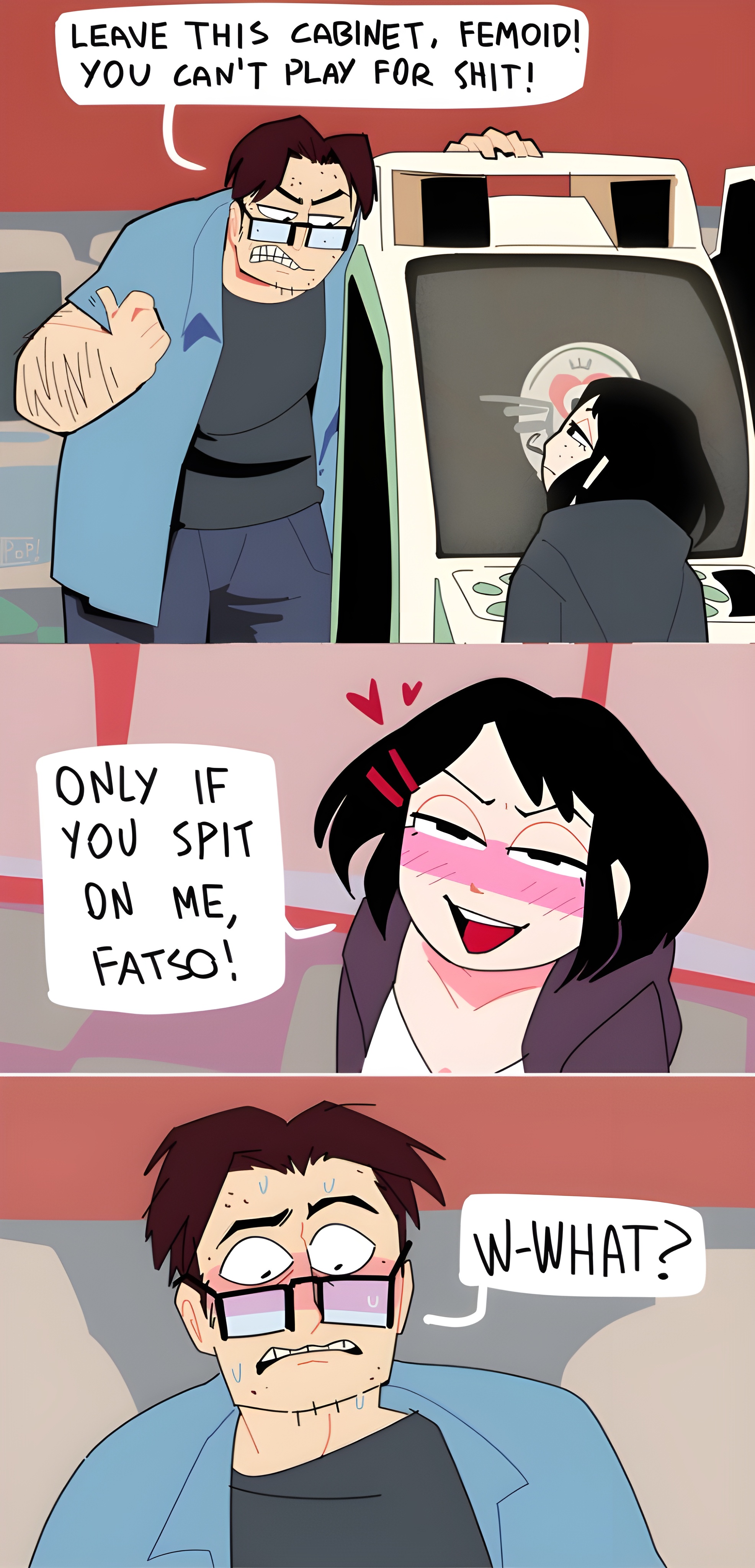 2d, acne, arcade, arcade machine, black hair, comic, female, freckles, glasses, male, nerd, nerd girl (popthesnowman), nerdy female, popthesnowman, smaller female, tagme, taller male