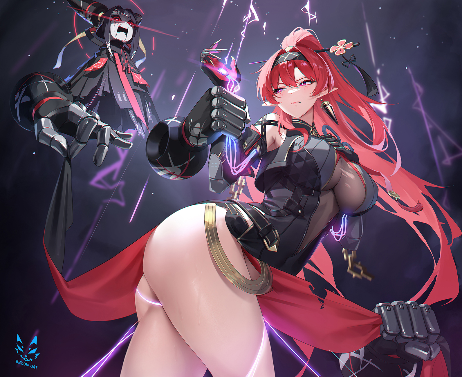 1other, ambiguous gender, artist logo, ass, bare legs, bare shoulders, black bodysuit, black cloak, black gloves, black hair, black hairband, black shorts, bodysuit, breasts, bright pupils, circle facial mark, cloak, clothes lift, clothes pull, commentary, earrings, elbow gloves, electricity, female, female only, flower hairpin, gloves, hair between eyes, hair intakes, hair ornament, hairband, hairpin, high ponytail, highres, holding another's wrist, jewelry, katsuyamamage, large breasts, logo, long hair, looking at another, mechanical arms, micro shorts, parted lips, pelvic curtain, pelvic curtain lift, pointy ears, ponytail, purple eyes, red eyes, red hair, shadow cat, shadow cat (yingmiao), shorts, single earring, underboob, very long hair, white pupils, wuthering waves, yinlin (wuthering waves), zapstring (wuthering waves)