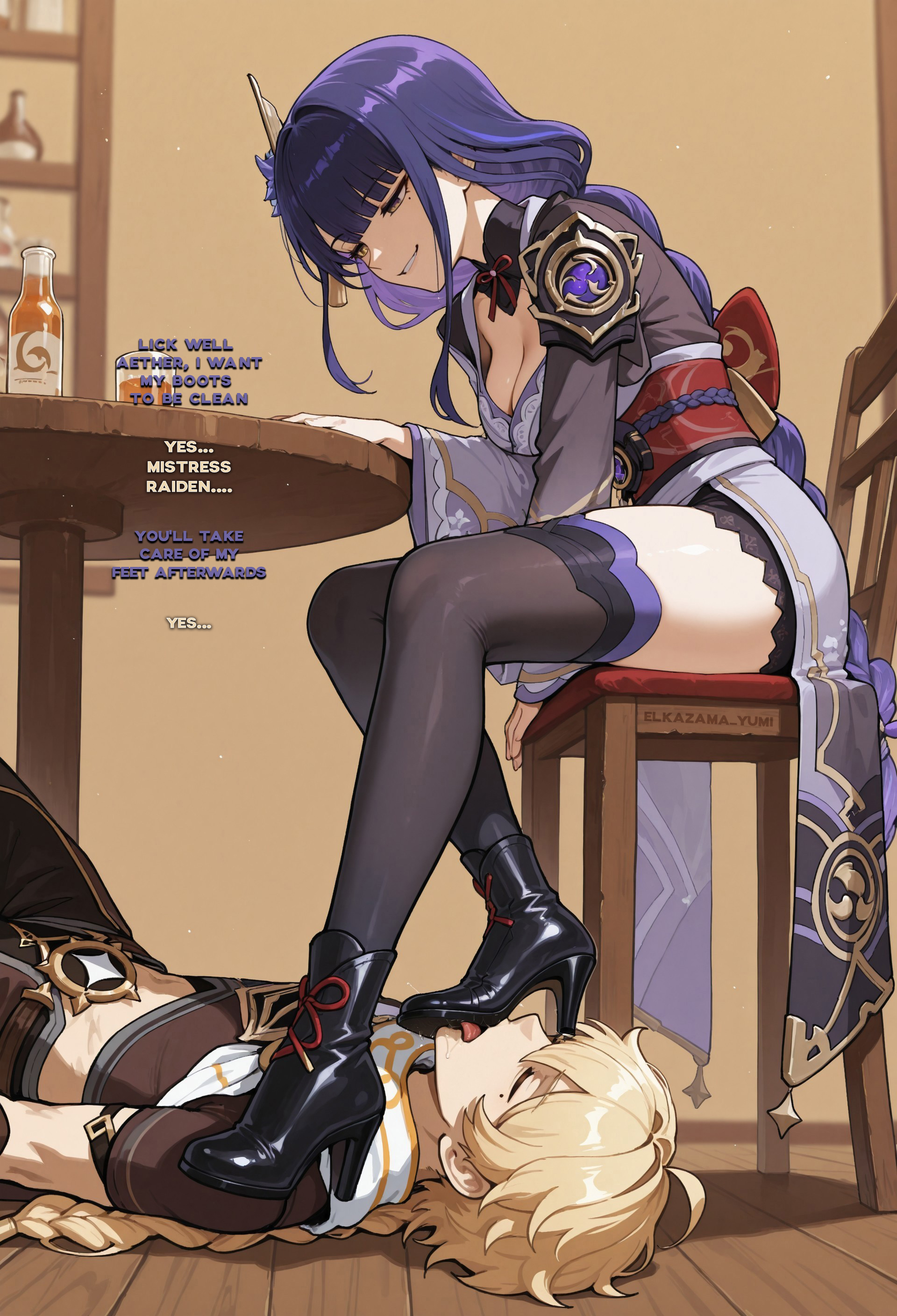 aether (genshin impact), ai generated, boots, elkazama yumi, female, femdom, genshin impact, humiliation, licking, licking shoes, licking soles, male, male/female, mihoyo, raiden shogun, shoes, shoes licking, straight