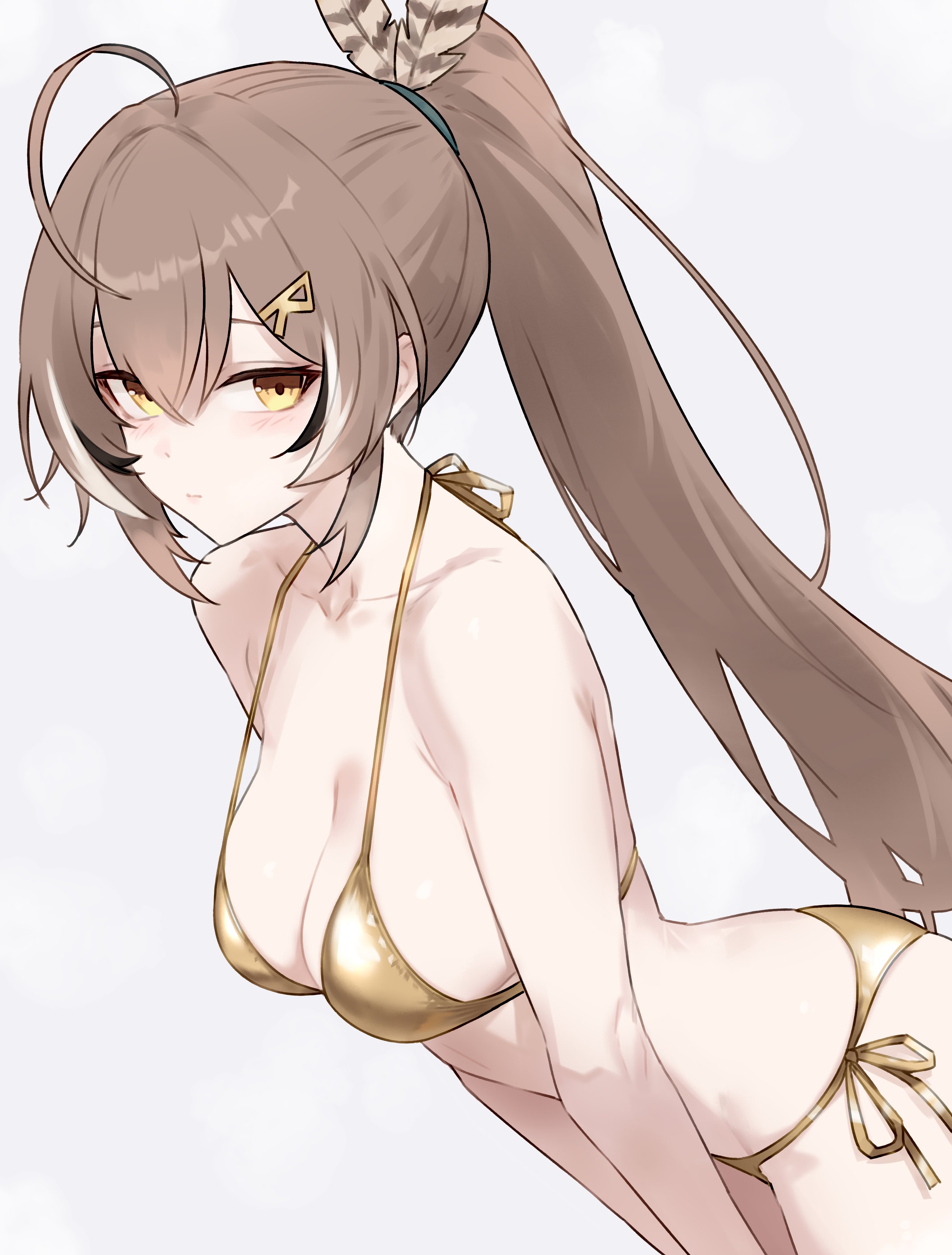 1girls, ahoge, bikini, bluefield, blush, brown hair, feathers, female, golden week, hairclip, hololive, hololive english, hololive english -council-, hololive english -promise-, long hair, nanashi mumei, owl girl, ponytail, solo, solo female, streaked hair, virtual youtuber, yellow bikini, yellow eyes