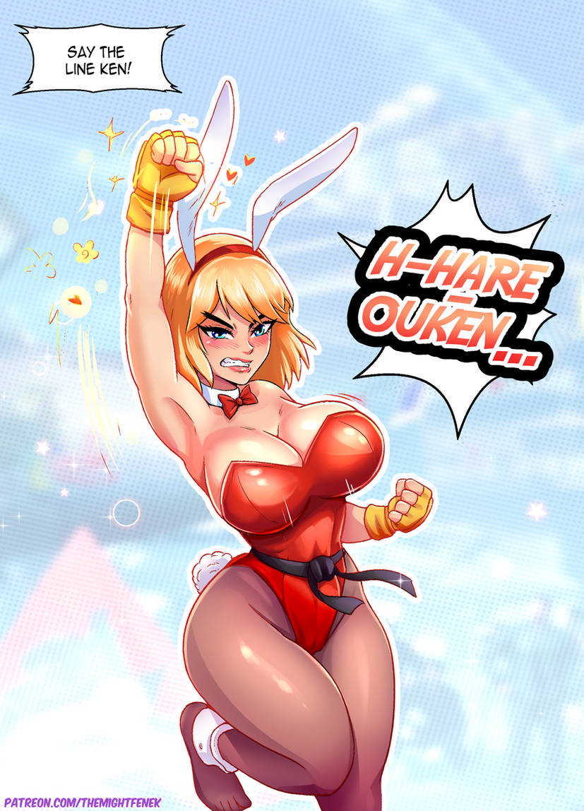 1girls, 2d, 2d (artwork), angry, angry face, annoyed, annoyed expression, artist name, bent leg, blonde female, blonde hair, blue eyes, blush, bowtie, bunny tail, bunnysuit, capcom, clothed, clothes, clothing, color, colored, detailed background, dialogue, digital media, digital media (artwork), english text, fake bunny ears, female, female focus, female only, fingerless gloves, front view, genderswap, genderswap (mtf), gloves, hairband, hi res, highres, ken masters, light skin, light-skinned female, lipstick, patreon, patreon username, pink lipstick, playboy bunny, red bowtie, red bunnysuit, rule 63, short hair, solo, solo female, solo focus, speech, speech bubble, standing, street fighter, text, themightfenek, thick thighs, thighs, wide hips, yellow gloves
