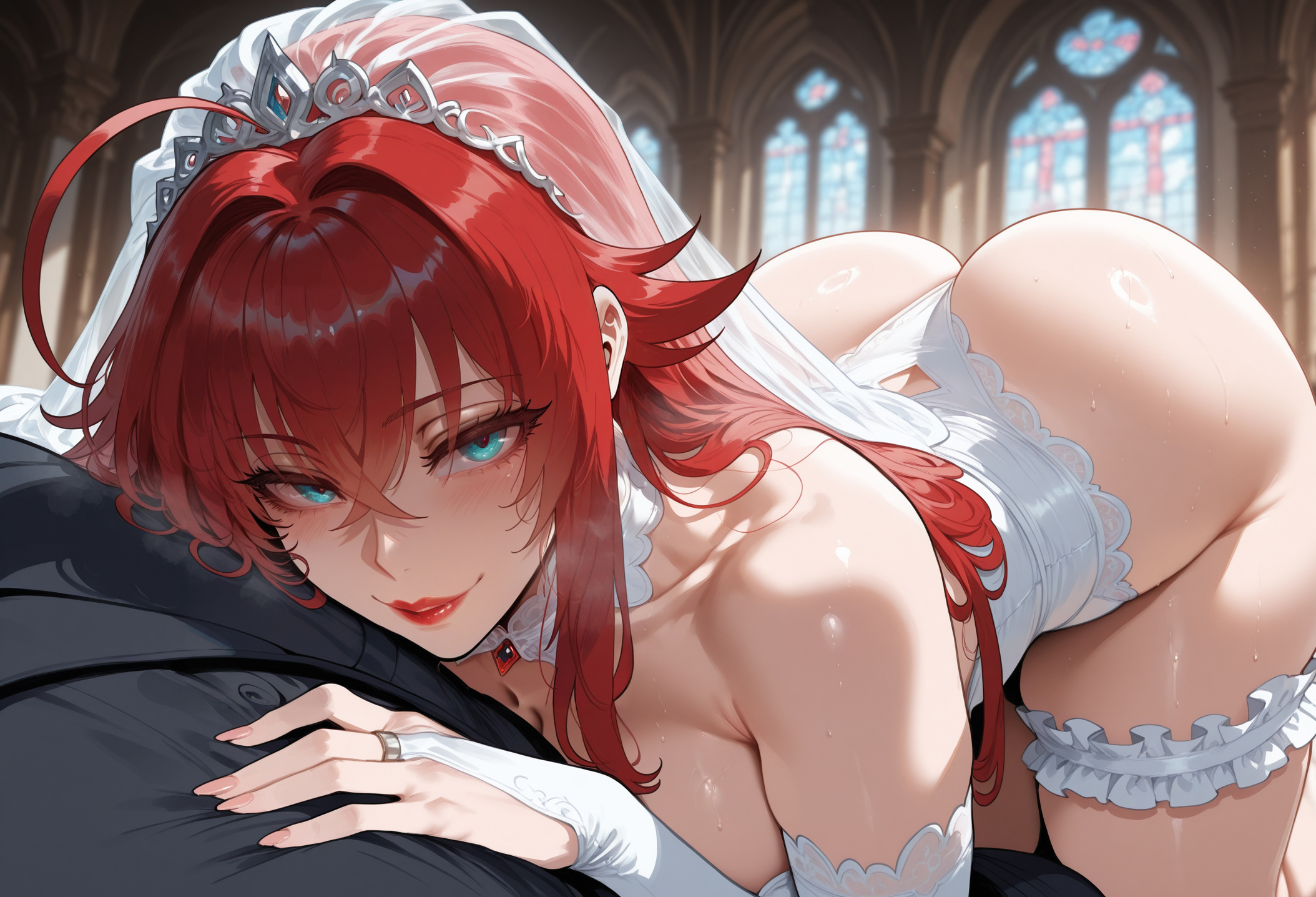 1boy, 1girls, ahoge, ai generated, ass, bangs, bare shoulders, big ass, big breasts, blue eyes, blush, breasts, bridal garter, bridal gauntlets, bridal lingerie, bridal veil, bride, church, closed mouth, clothing, collarbone, crossed bangs, curvaceous, curvaceous female, curvaceous figure, curvy, curvy figure, dress, duo, female, female focus, hair between eyes, headdress, headwear, high school dxd, highleg, indoors, inviting, inviting to sex, jewelry, large breasts, leotard, light-skinned female, lips, long hair, looking at viewer, male, miyuai, panties, presenting, presenting ass, presenting breasts, presenting hindquarters, presenting self, red hair, red lips, rias gremory, ring, seductive, seductive look, seductive smile, smile, solo focus, straight, sweat, thigh strap, thighs, thong, tiara, underwear, veil, voluptuous, voluptuous female, wedding dress, white dress, white leotard, white panties