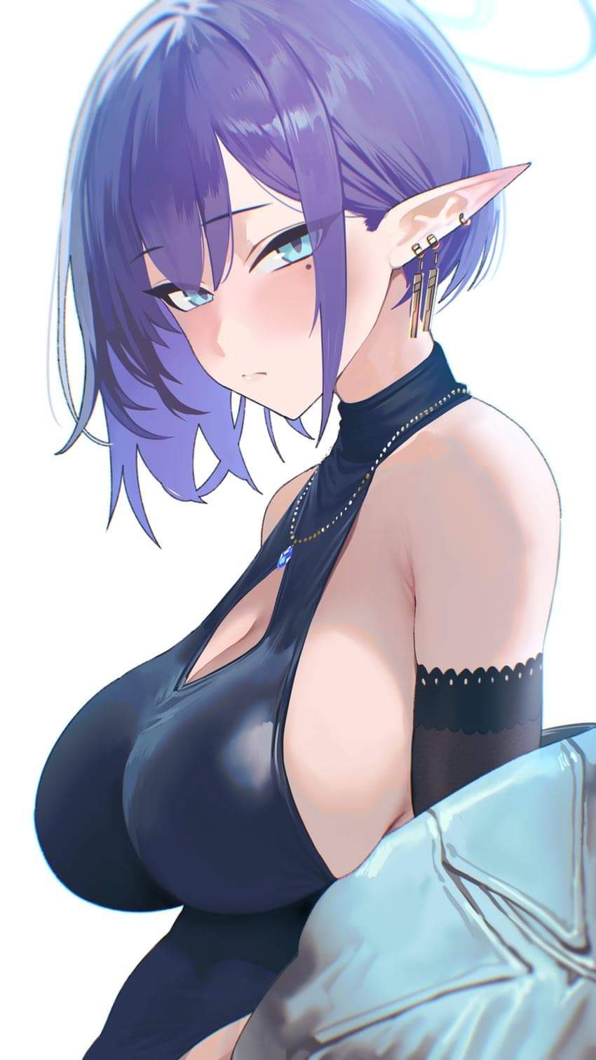 1girls, aoi (blue archive), artist request, big breasts, blue archive, breasts, earrings, elf ears, female, female only, necklace, pointy ears, short hair