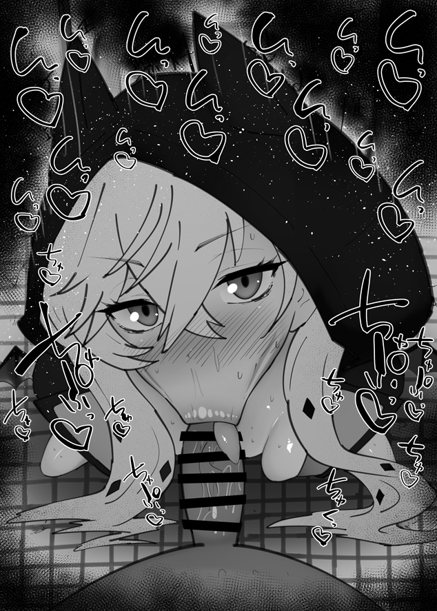 1boy 1girls :>= big_penis black_and_white blush breasts censored dark-skinned_male dark_skin detailed_background drooling eyelashes fate/grand_order fate_(series) fellatio female heart hood human indoor inside interracial kurotama lilith_(fate) long_hair looking_at_viewer male male_pov oral oral_sex penis room saliva shiny shiny_skin sketch sound_effects squatting sweat text tongue_out type-moon vein veins veiny veiny_penis