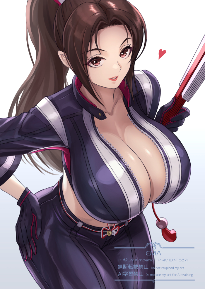 1 1girls 2d big_breasts boy breasts brown_hair cleavage collarbone digital_media ema_(emaura) fatal_fury fatal_fury:_city_of_the_wolves female female_only heart huge_breasts large_breasts long_hair looking_at_viewer mai_shiranui mai_shiranui_(city_of_the_wolves) oppai paizuri ponytail snk street_fighter the_king_of_fighters voluptuous voluptuous_female