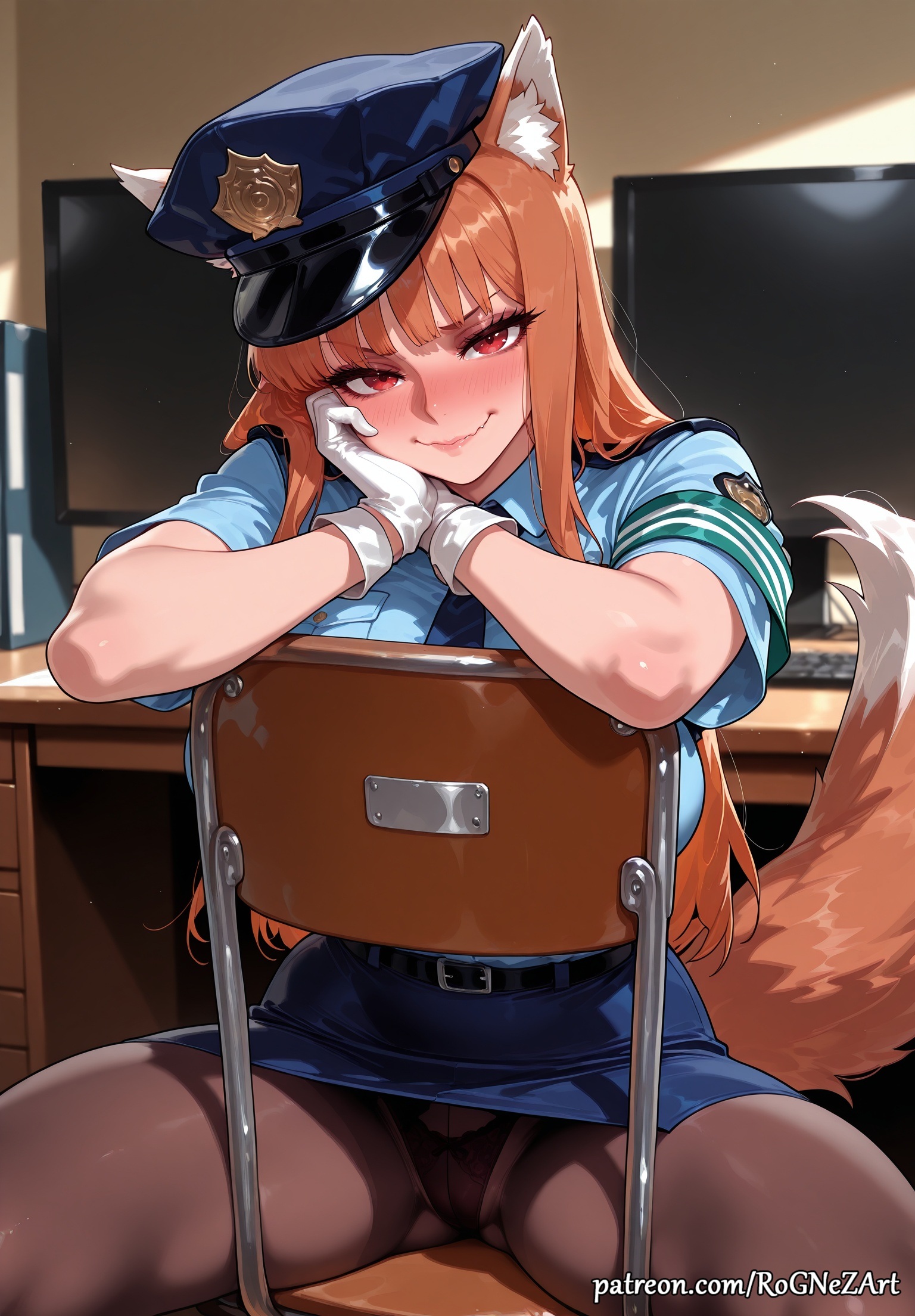2025, ai generated, animal ear fluff, animal ears, animal tail, anime, bangs, belt, black panties, black pantyhose, blush, breasts, brown hair, cameltoe, cat ears, chair, cleavage, closed mouth, crossover, desk, eye contact, female, female focus, female only, flushed, gloves, handwear, hat, highres, holo, holo (spice and wolf), long hair, looking at viewer, neutral expression, nsfw, panties, panties under pantyhose, pantyhose, pantyshot, patreon, patreon username, police, police hat, police uniform, policewoman, red eyes, rognezart, shirt, short sleeves, sitting, sitting backwards, skirt, smile, smiling, solo, spice and wolf, spread legs, stockings, tail, underwear, uniform, very long hair, white gloves, wolf ears, wolf girl, wolf tail