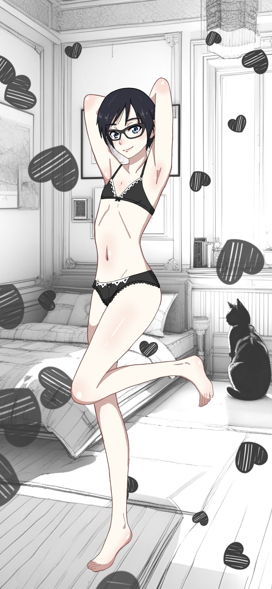 1girls 2020s 2024 alice_winters animal armpits arms_behind_head bare_legs bare_shoulders barefoot bed bedroom black_hair black_underwear blue_eyes blush bra collarbone feline female flat_chest full_body glasses heart hi_res indoors looking_at_viewer nashdnash2007 navel original pale-skinned_female pale_skin panties pet short_hair smile smiling_at_viewer solo standing_on_one_leg stomach toes underwear underwear_only