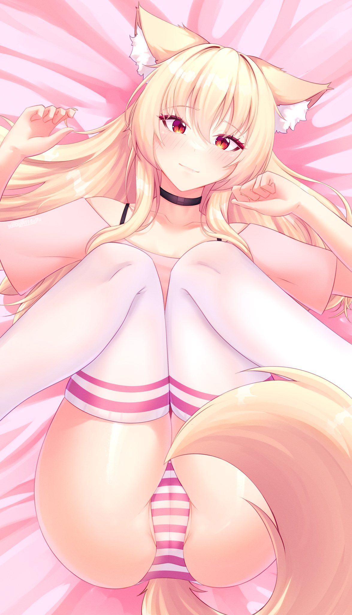 1girls, absolute territory, bed, blonde hair, cameltoe, camera, cat ears, cat girl, cat tail, catgirl, choker, ear fluff, female, laying on bed, on back, on bed, original character, panties, pink bed sheet, pussy, red eyes, royzaff9o7o, tagme, thighhighs, thighs, tiffy