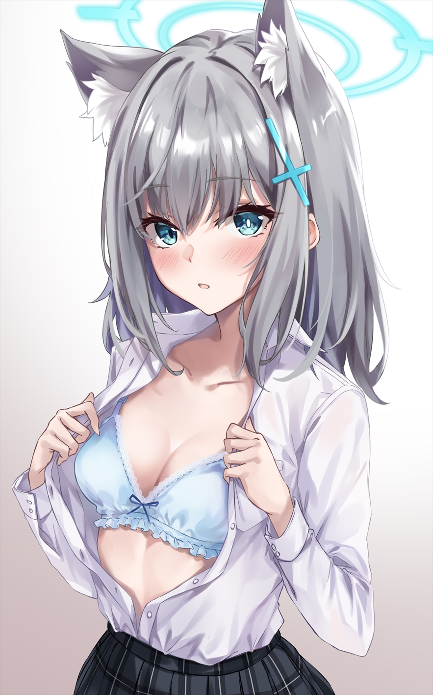 1girls animal_ear_fluff animal_ears black_skirt blue_archive blue_bra blue_eyes blush bra breast_pocket breasts bright_pupils buttons cleavage collarbone collared_shirt commentary cross_hair_ornament dress_shirt extra_ears frilled_bra frills gradient_background grey_background grey_hair hair_between_eyes hair_ornament halo hands_up high-waist_skirt highres long_sleeves looking_at_viewer marisasu_(marisa0904) medium_breasts medium_hair mismatched_pupils open_clothes open_shirt parted_lips plaid_clothes plaid_skirt pocket school_uniform shiroko_(blue_archive) shirt shirt_tucked_in sidelocks skirt solo standing underwear undressing upper_body white_background white_pupils white_shirt wolf_ears
