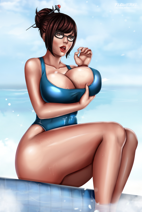 1girls, ass, big ass, big breasts, big butt, big thighs, blizzard entertainment, breast grab, breasts, brown hair, busty, chubby, cleavage, curvy, fellatio gesture, female, female only, flowerxl, glasses, hair bun, hair ornament, large breasts, legs together, lipstick, looking at viewer, makeup, mei (overwatch), one-piece swimsuit, open mouth, overwatch, pinup, sexually suggestive, sitting, solo, swimsuit, thick thighs, tongue, voluptuous, voluptuous female, wide hips
