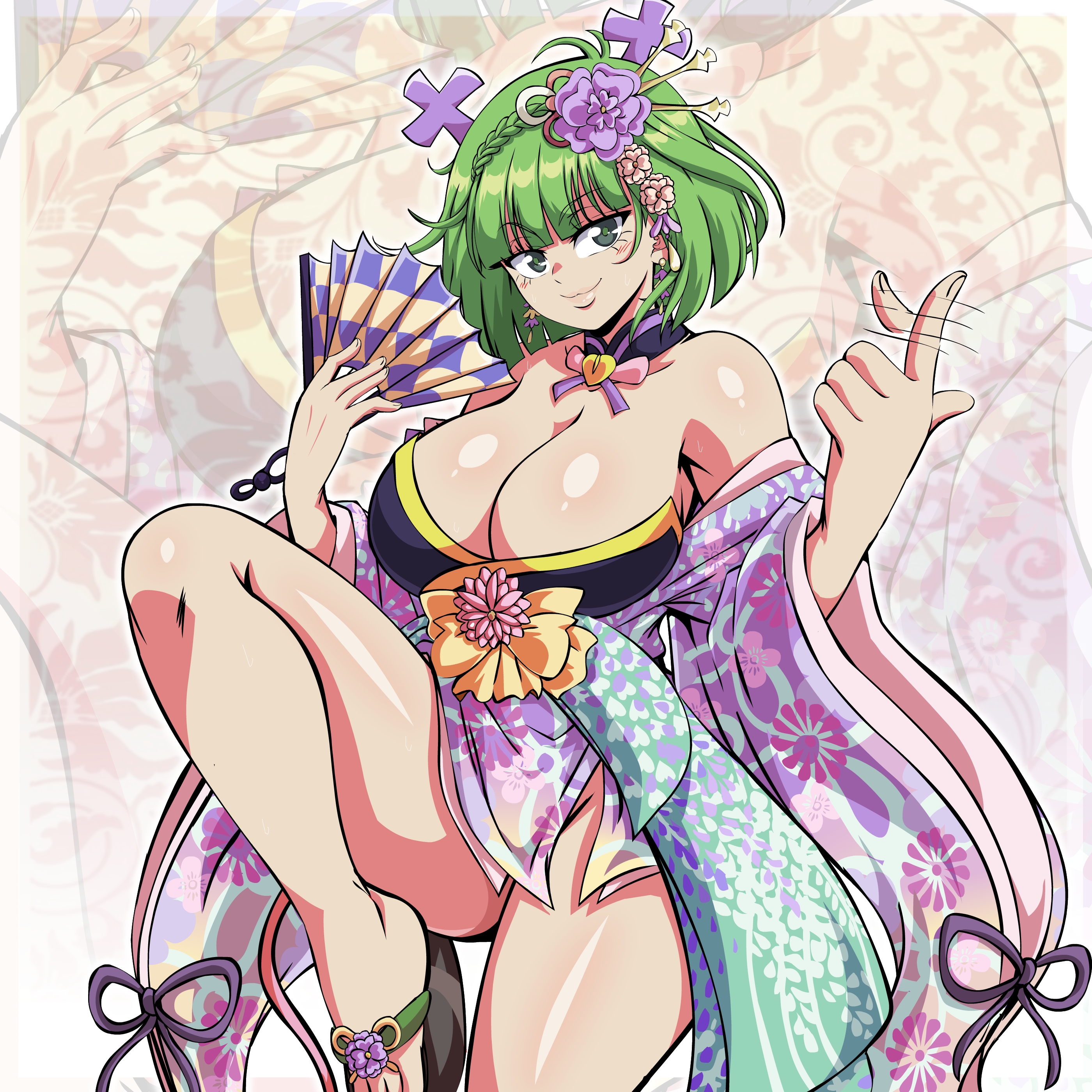 1girls, big breasts, blush, blush lines, blushing, blushing female, brandish mew, breasts, cleavage, collarbone, cross hair ornament, earrings, eyebrows, eyelashes, fairy tail, female, female only, fit female, flower, flower in hair, glossy lips, green eyebrows, green eyes, green hair, green-eyed female, green-haired female, hair ornament, kimono, large breasts, lewdamone, movement lines, neck ribbon, pointing at self, ribbon, sandals, seductive, seductive eyes, seductive look, seductive mouth, seductive pose, seductive smile, shiny skin, tagme, voluptuous, voluptuous female