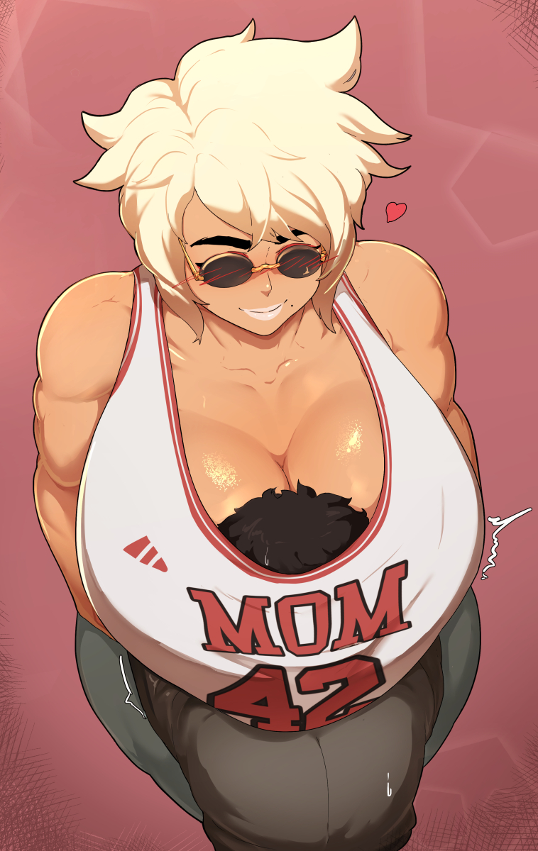 1boy 1girls age_difference between_breasts bimbo blonde_hair breast_smother breasts brown_hair cleavage clothes dark-skinned_female dark_skin donaught female femdom huge_breasts inside_clothes larger_female miffu milf mommy_kink mother_and_son muscles muscular muscular_female older_female original shared_clothes short_hair size_difference smaller_male smothering thick_thighs trembling venus_body wide_hips younger_male