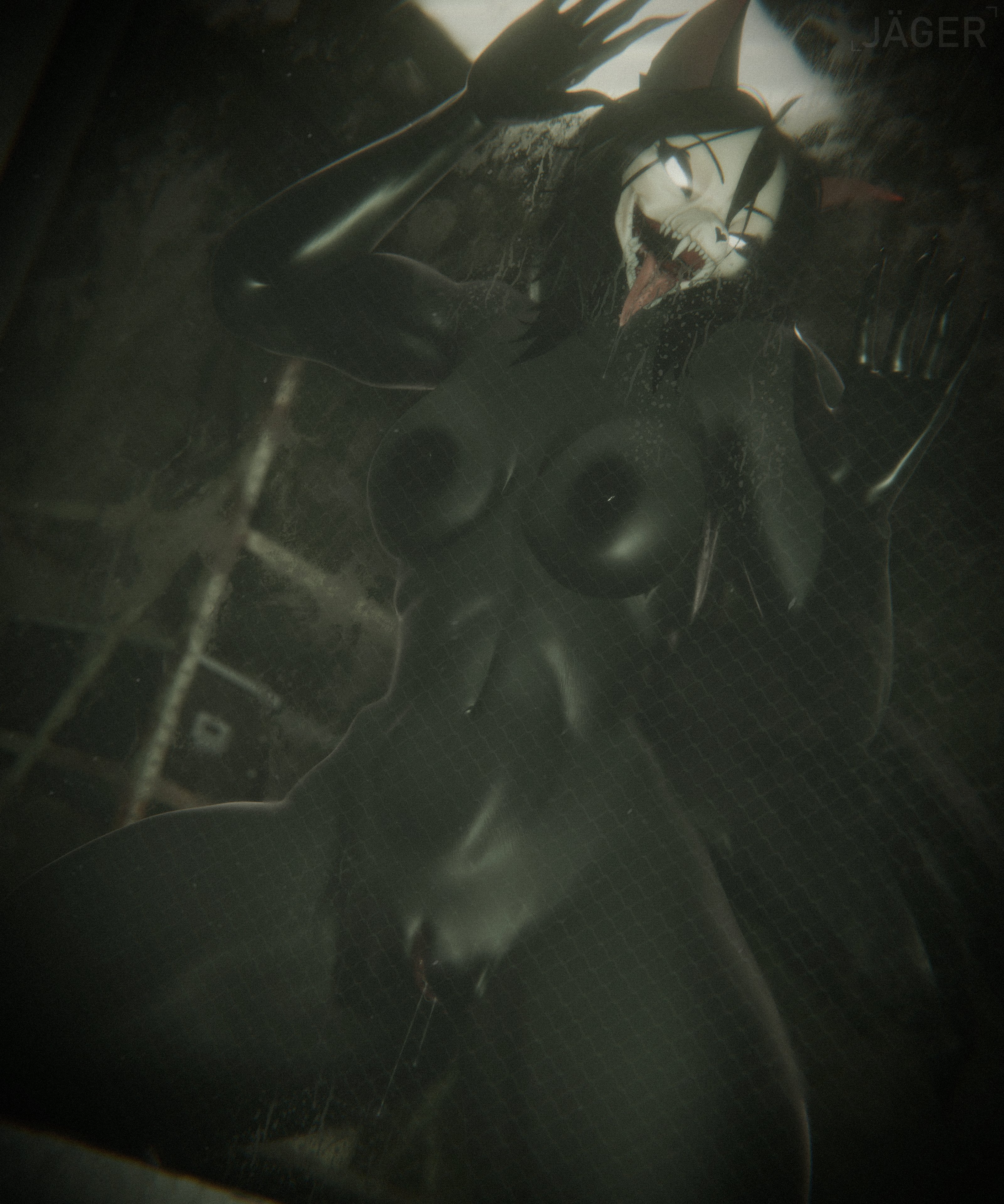 3d, against surface, black hair, breasts, female, jaeger3d, long hair, looking at viewer, mal0, malo, medium breasts, scp foundation, scp-1471, scp-1471-a, scp-1471-a (bom39), skull head, solo