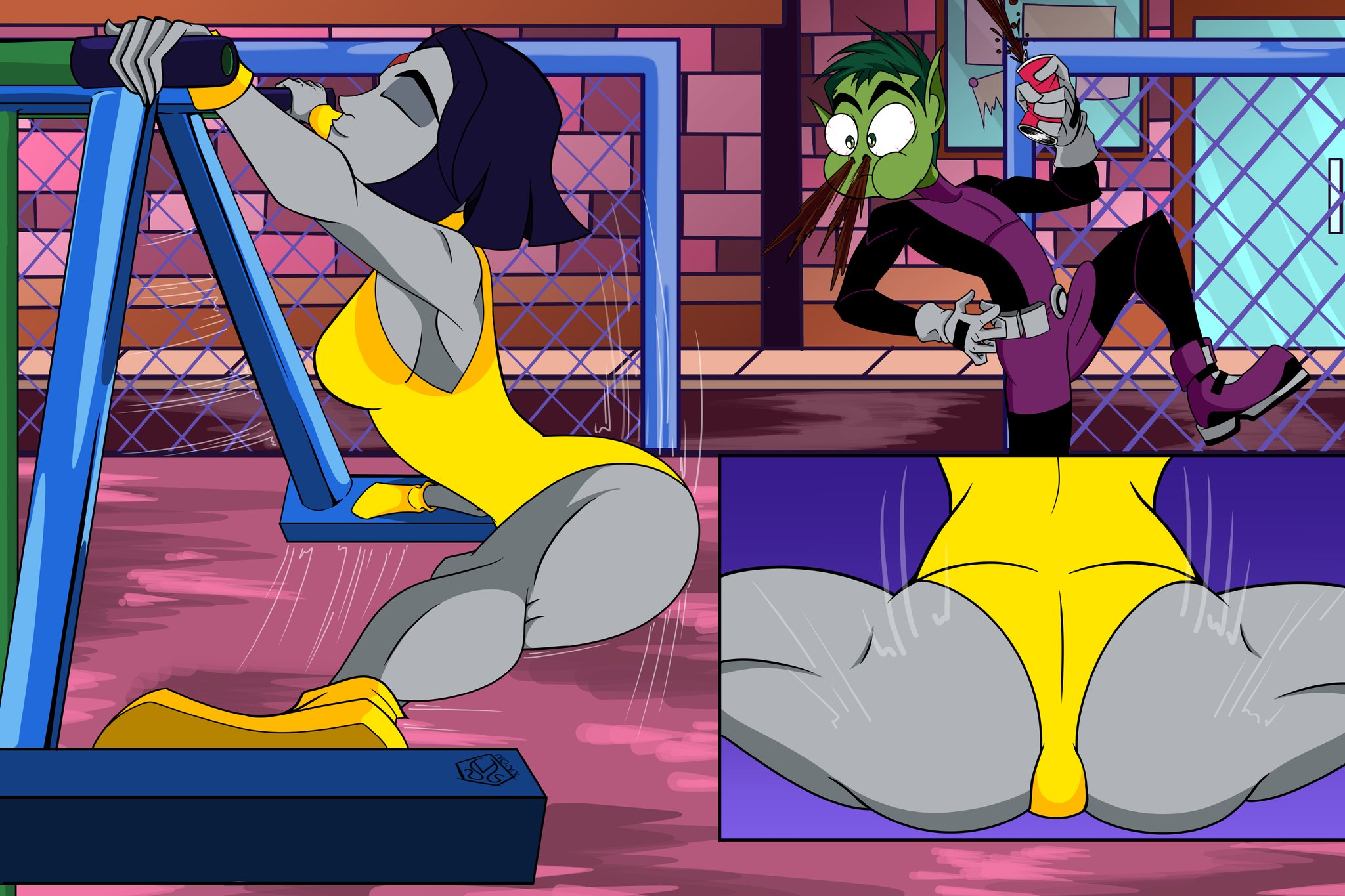 1girls, ass, beast boy, comic, dc, dc comics, dem legs, dncsamsonart, energy, erection, erection under clothes, erection under clothing, female, female focus, fitness, flexible, flexible female, flexing, forehead jewel, from below, goth, goth girl, grey skin, gym, gymnastics, lady legasus, leotard, long legs, nosebleed, pose, posing, purple hair, rachel roth, raven (dc), short hair, splits, splits position, t-, tagme, teen titans, teen titans go, thick thighs, thighs, thunder thighs, thunderthighs, yellow leotard