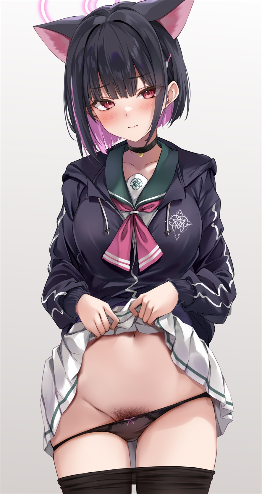 1girls, animal ears, black choker, black hair, black hoodie, black jacket, black panties, blue archive, blue sailor collar, cat ears, choker, clothes lift, clothes pull, colored inner animal ears, colored inner hair, cowboy shot, female, female pubic hair, green sailor collar, hair ornament, hairclip, halo, highres, hood, hooded jacket, hoodie, jacket, kazusa (blue archive), lifting own clothes, lowleg, lowleg panties, marisasu (marisa0904), miniskirt, multi ear, multicolored hair, neckerchief, panties, pantyhose, pantyhose pull, pink eyes, pink hair, pink halo, pink neckerchief, pleated skirt, pubic hair, pubic hair peek, sailor collar, school uniform, short hair, sketch, skirt, skirt lift, solo, standing, thighband pantyhose, trinity general school logo, two-tone hair, underwear, variant set, white skirt