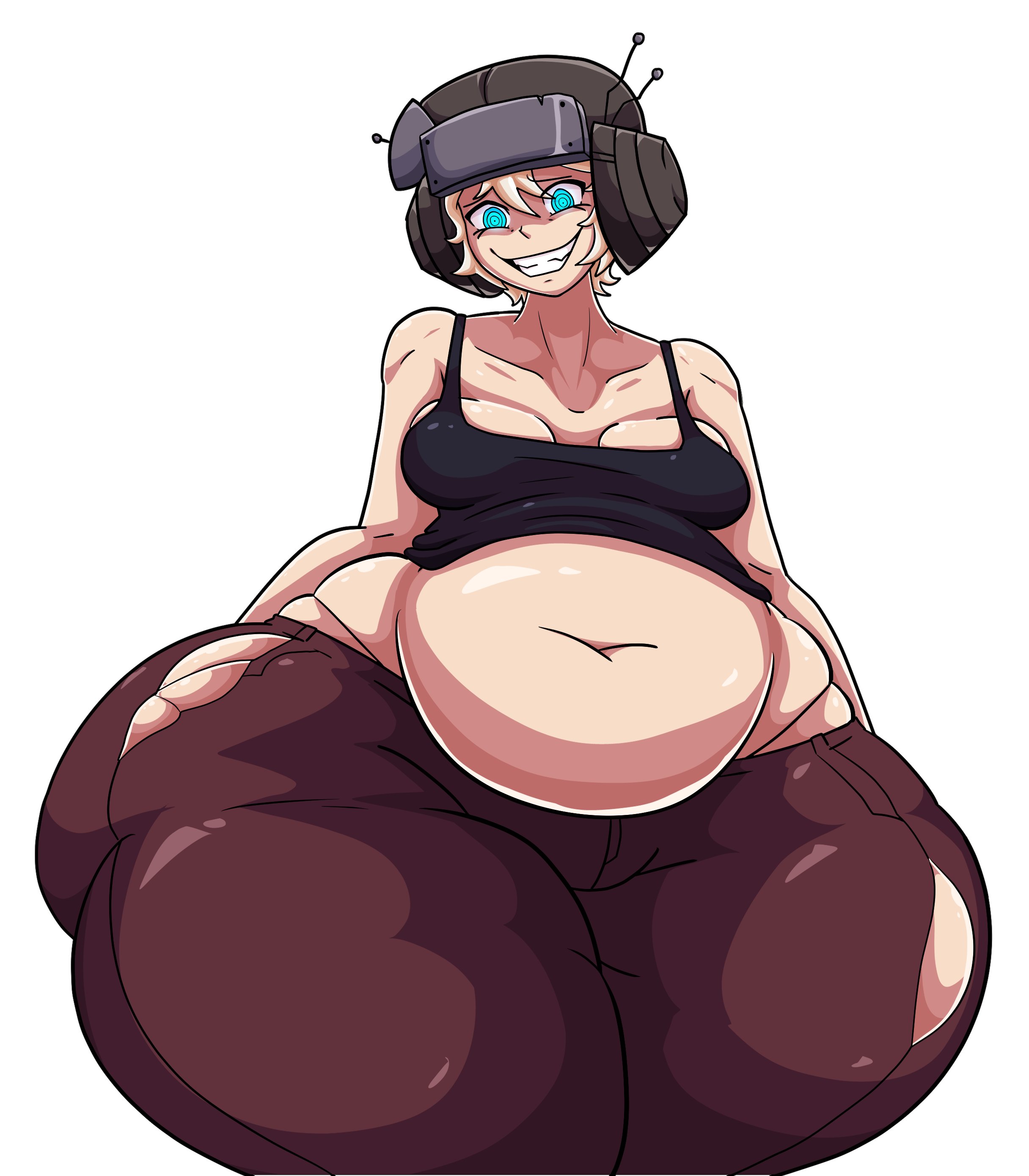 big belly, blonde hair, blue eyes, breasts, bursting clothes, c'venash vishneri, crazy smile, female, genpis chong, huge thighs, pear shaped, psychopomp (fading club), queen of venus (psychopomp), tank top