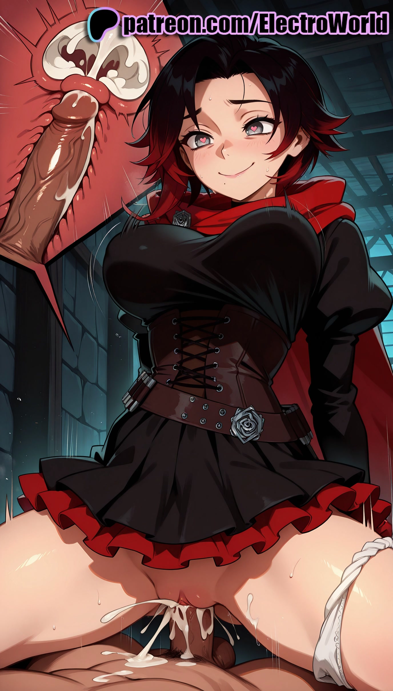 1boy, 1girls, 2025, after vaginal, ai generated, artist name, average breasts, black dress, black hair, blush, boots, breasts, bust, cervix, chest, clitoral hood, clitoris, clothed female nude male, clothed sex, cock, cowgirl position, cross section, cum, cum in pussy, cum pool, cumdrip, dick, ejaculation, electroworld, english text, exposed pussy, female, female on top, fucking, gradient hair, grey eyes, happy sex, heart, heart-shaped pupils, hi res, high quality, high resolution, highres, intercourse, internal cumshot, juicy pussy, legs apart, legs spread, love making, male, medium breasts, multicolored hair, normal breasts, open legs, overflow, panties, panties around one leg, patreon, patreon username, penetration, penis, pov crotch, pussy, red hair, riding, ruby rose, rwby, sex, sex from behind, sexual intercourse, shiny, short hair, smile, splayed legs, spread legs, stable diffusion, straddling, straight, symbol-shaped pupils, tight pussy, uncensored, underwear, uterus, vagina, vaginal penetration, watermark, white panties, x-ray